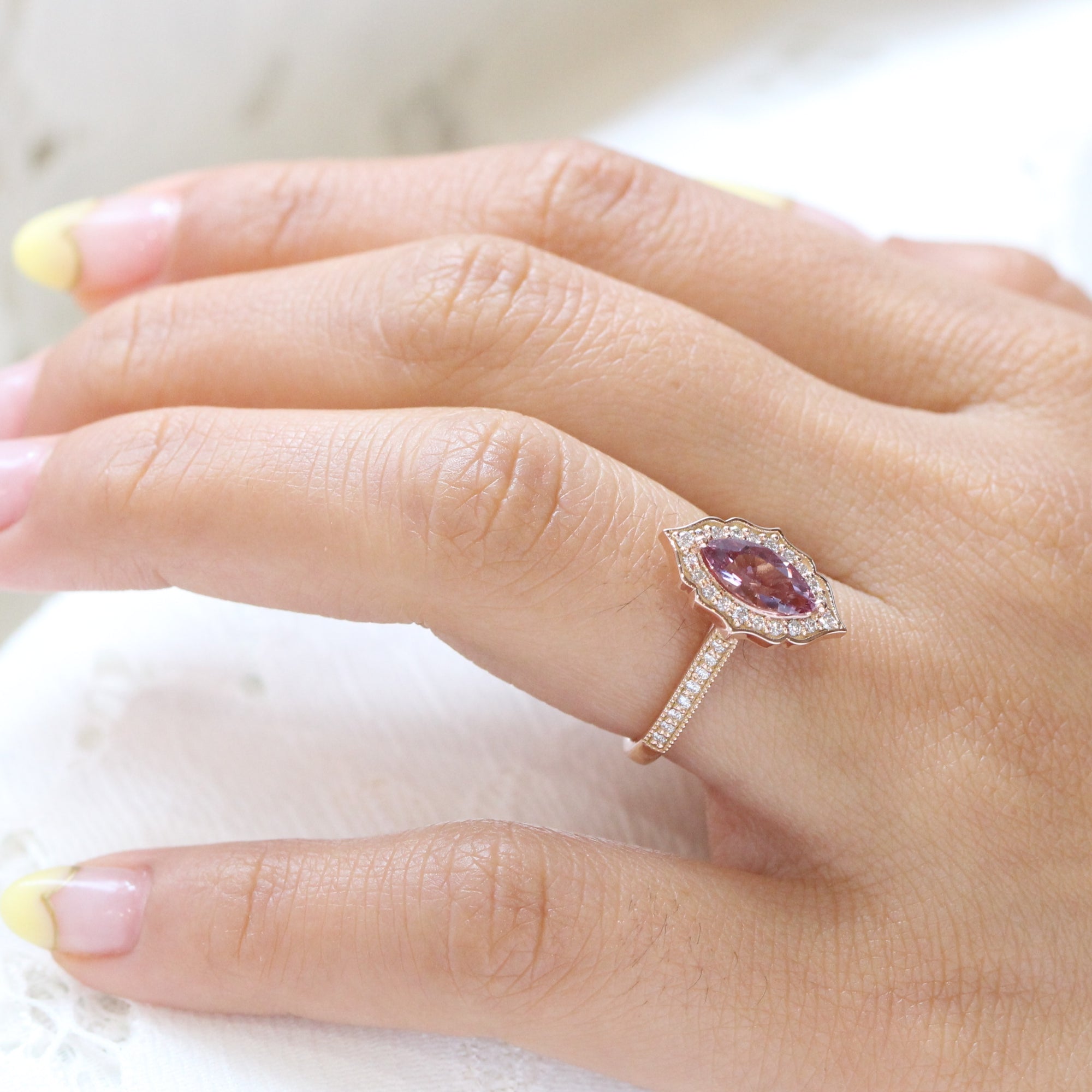 Purple pink sapphire ring rose gold marquise engagement ring la more design jewelry
