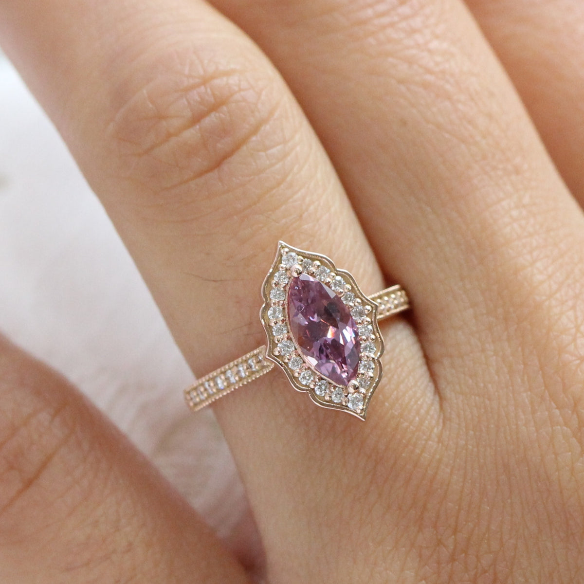 Purple pink sapphire ring rose gold marquise engagement ring la more design jewelry