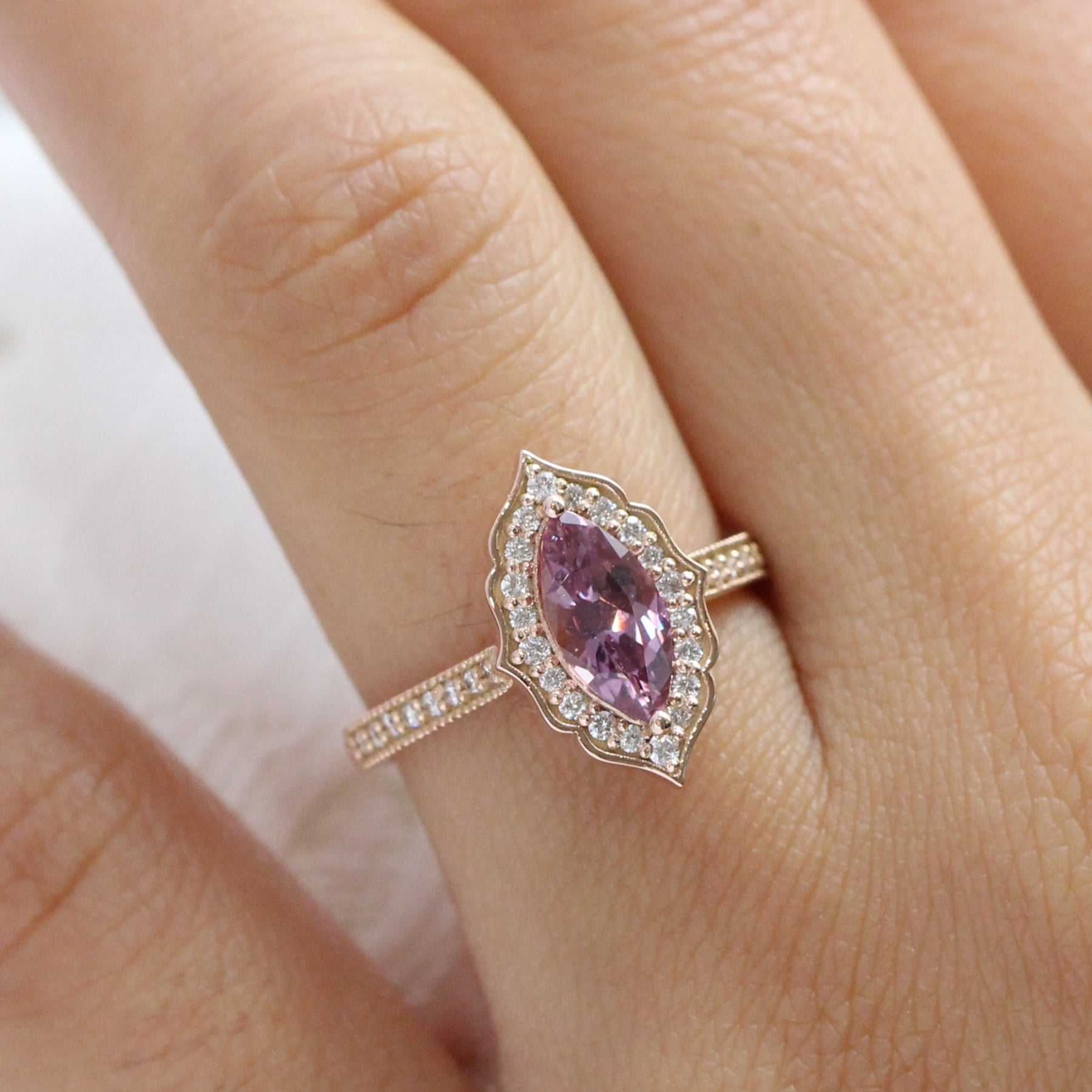 Purple pink sapphire ring rose gold marquise engagement ring la more design jewelry