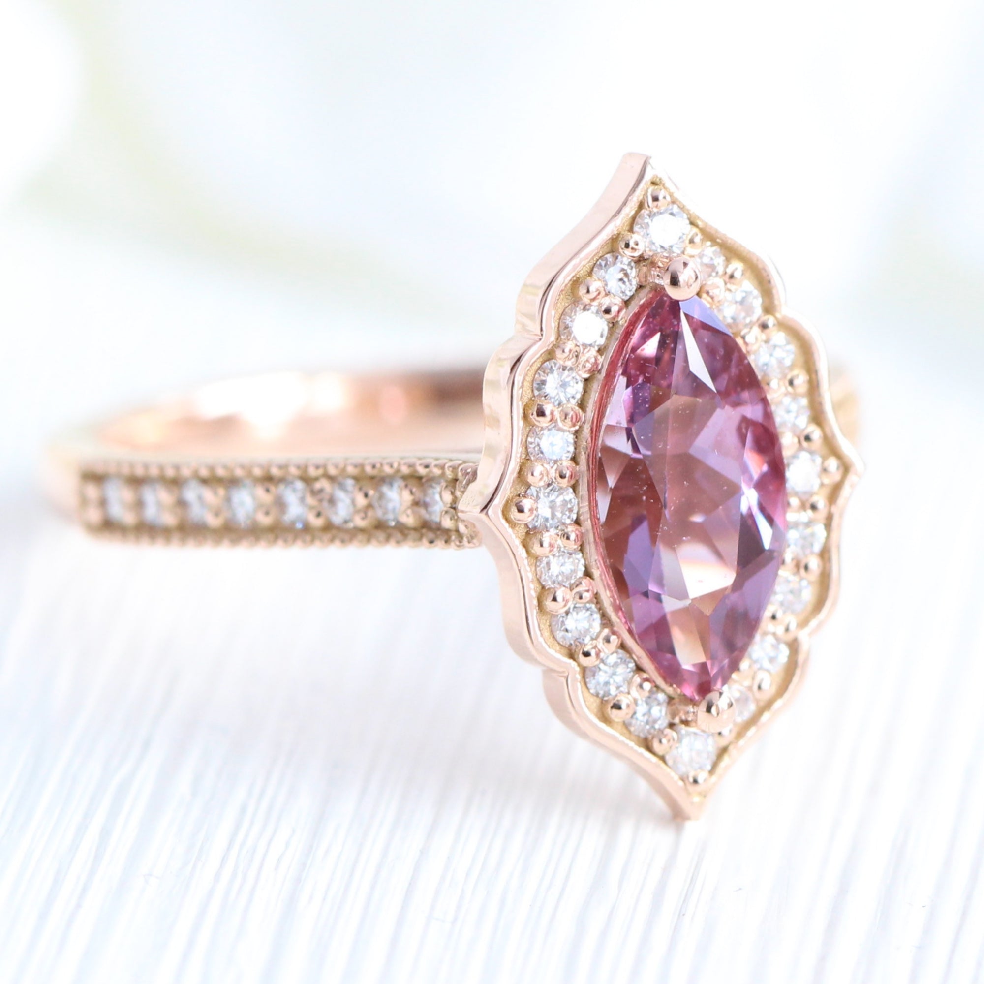 Purple pink sapphire ring rose gold marquise engagement ring la more design jewelry