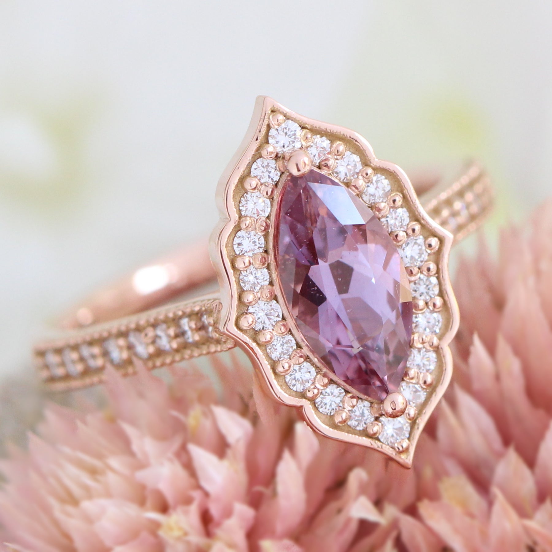 Purple Pink Sapphire Diamond Engagement Ring Rose Gold Marquise Ring