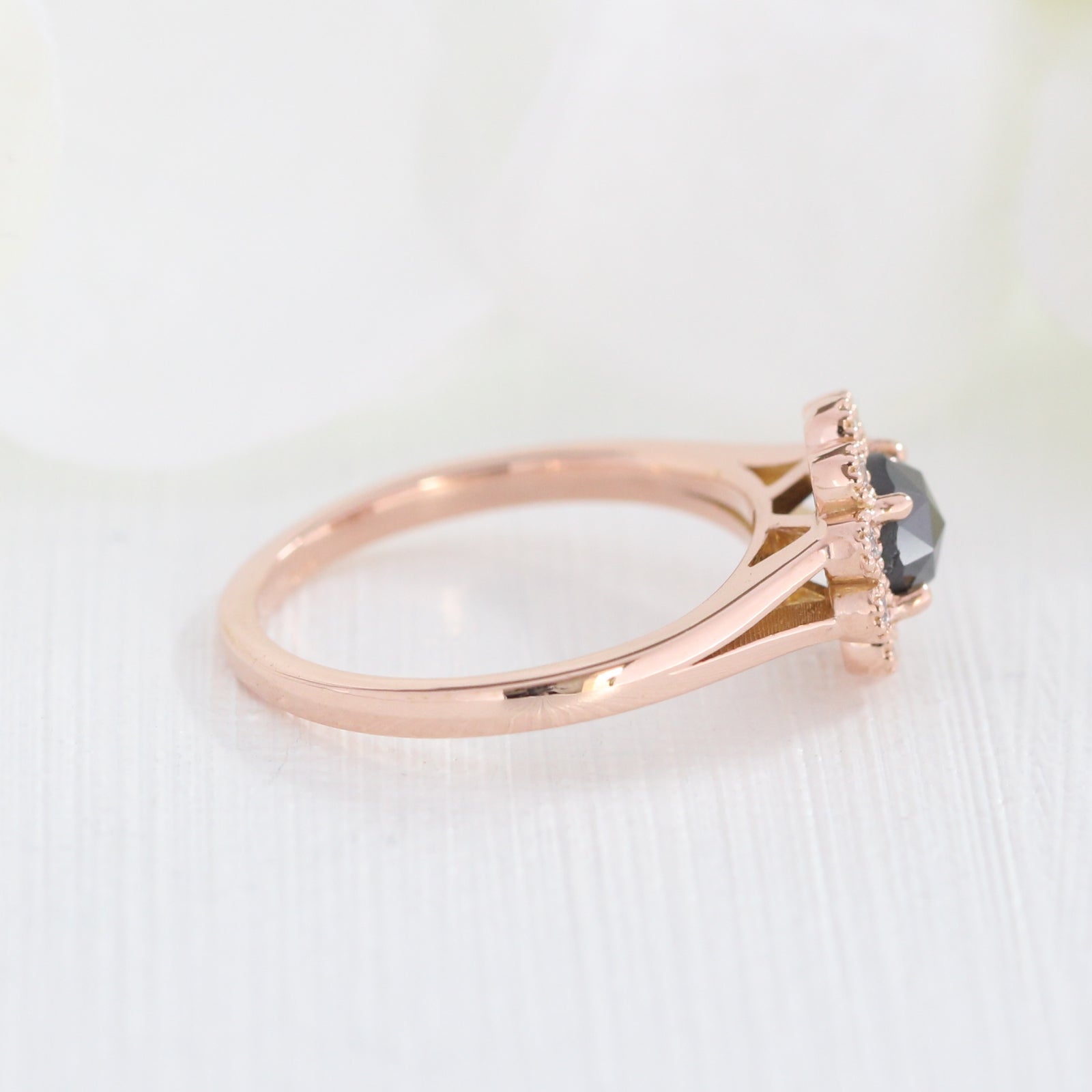 Rose cut black diamond ring in rose gold halo diamond band by la more design