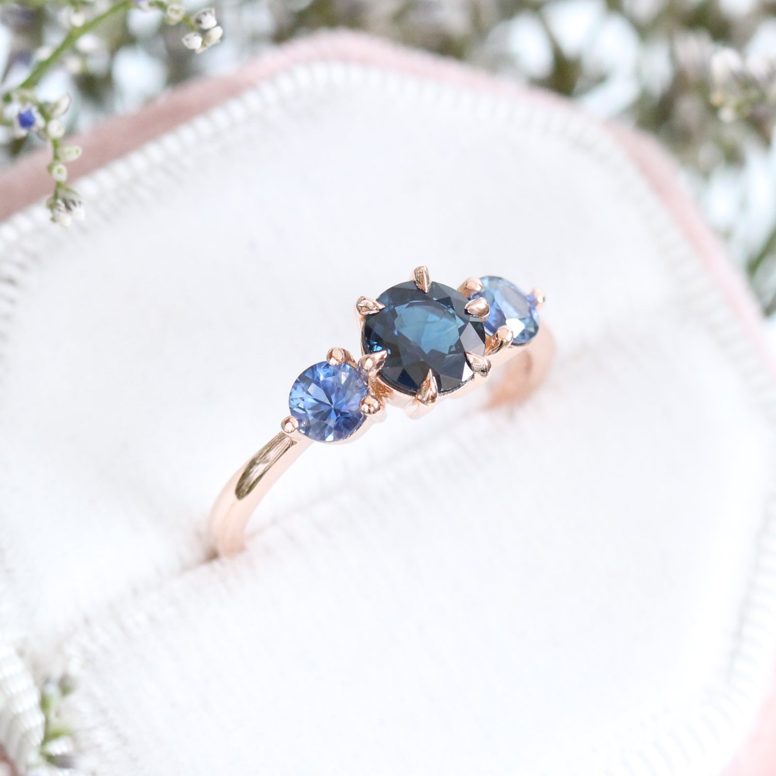 Round Blue Sapphire Engagement Ring in Rose Gold 3 Stone Ring by La More Design Jewelry