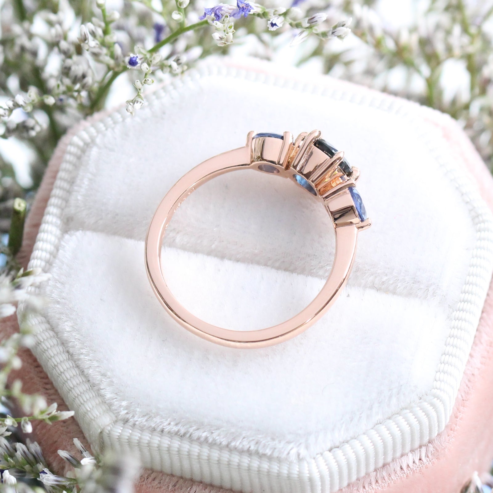 Round Blue Sapphire Engagement Ring in Rose Gold 3 Stone Ring by La More Design Jewelry