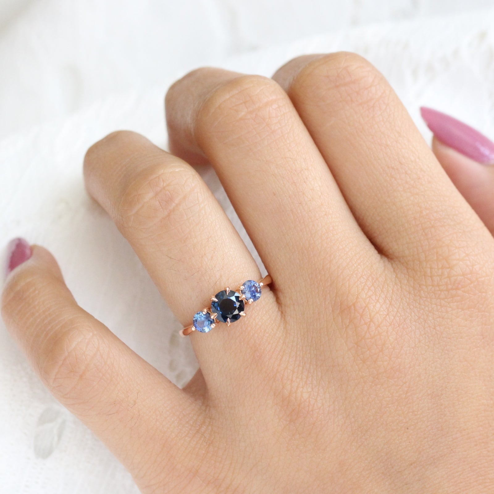 Round Blue Sapphire Engagement Ring in Rose Gold 3 Stone Ring by La More Design Jewelry