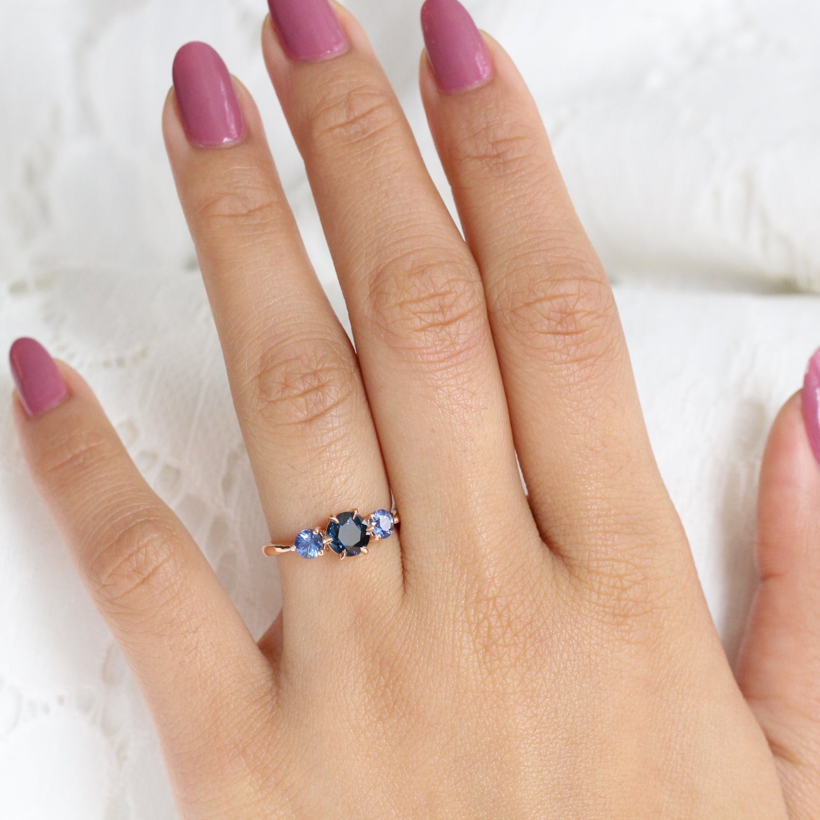 6 Prong Blue Sapphire Engagement Ring Rose Gold 3 Three Stone Ring