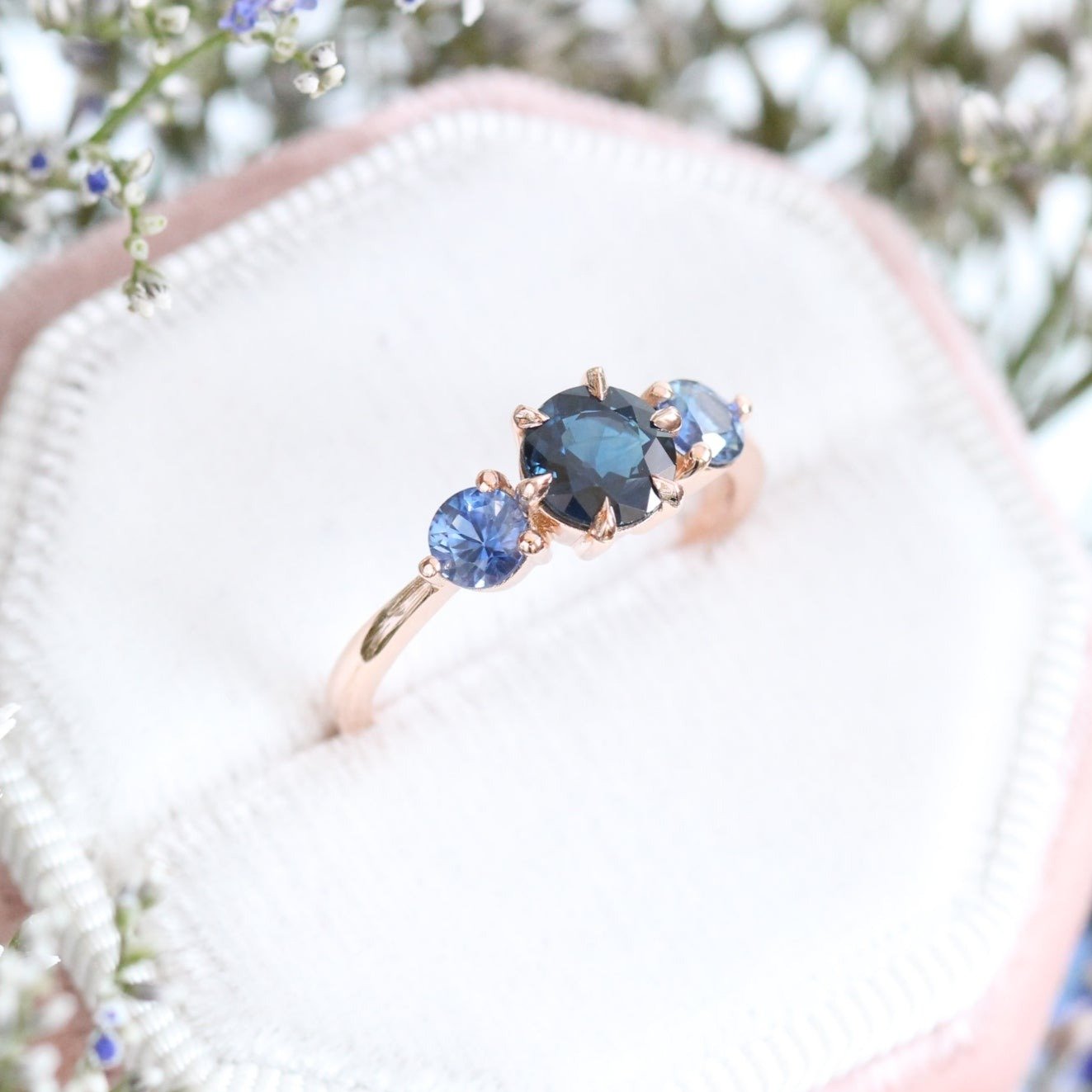 Round Blue Sapphire Engagement Ring in Rose Gold 3 Stone Ring by La More Design Jewelry