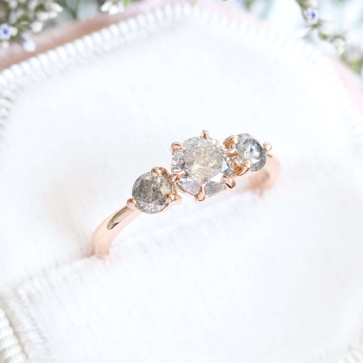 Salt and Pepper Gray Diamond Engagement Ring in Rose Gold 3 Stone Diamond Ring by La More Design Jewelry