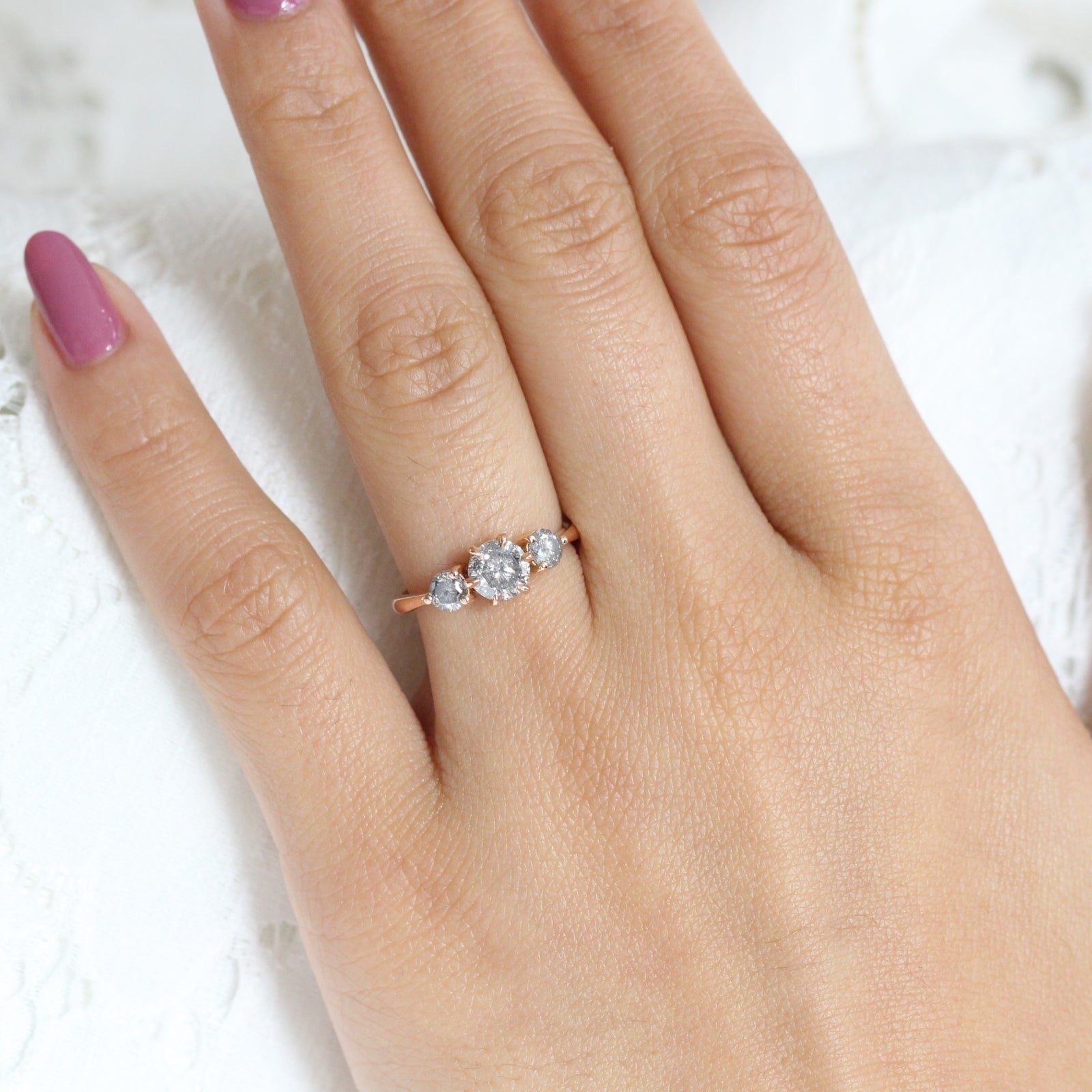 Salt and Pepper Gray Diamond Engagement Ring in Rose Gold 3 Stone Diamond Ring by La More Design Jewelry