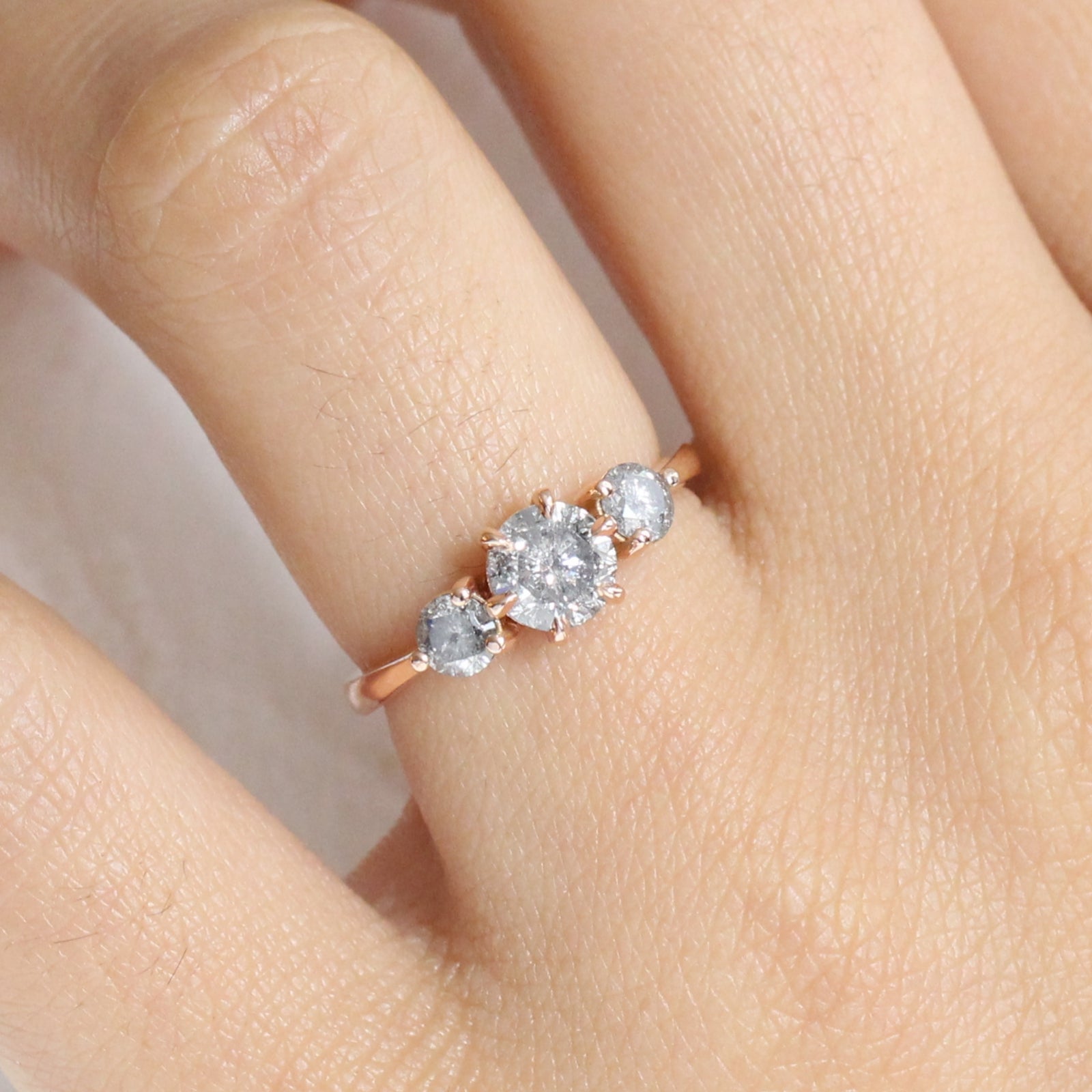 Salt and Pepper Gray Diamond Engagement Ring in Rose Gold 3 Stone Diamond Ring by La More Design Jewelry