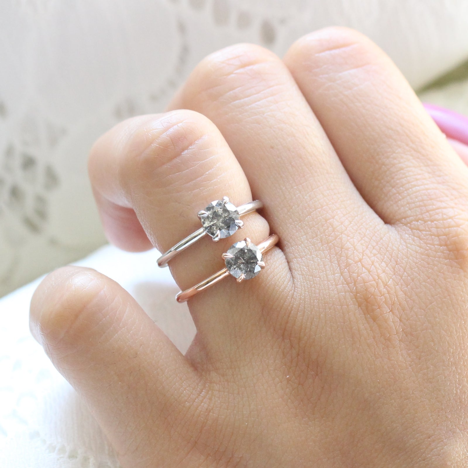 Salt and Pepper Grey Diamond Engagement Ring in White Gold Low Profile Solitaire Ring by La More Design Jewelry