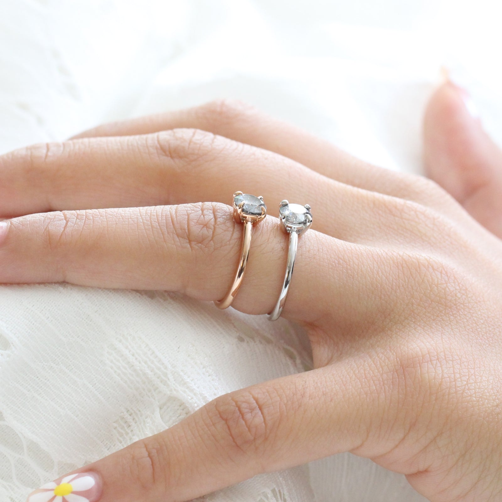 Salt and Pepper Grey Diamond Engagement Ring in White Gold Low Profile Solitaire Ring by La More Design Jewelry