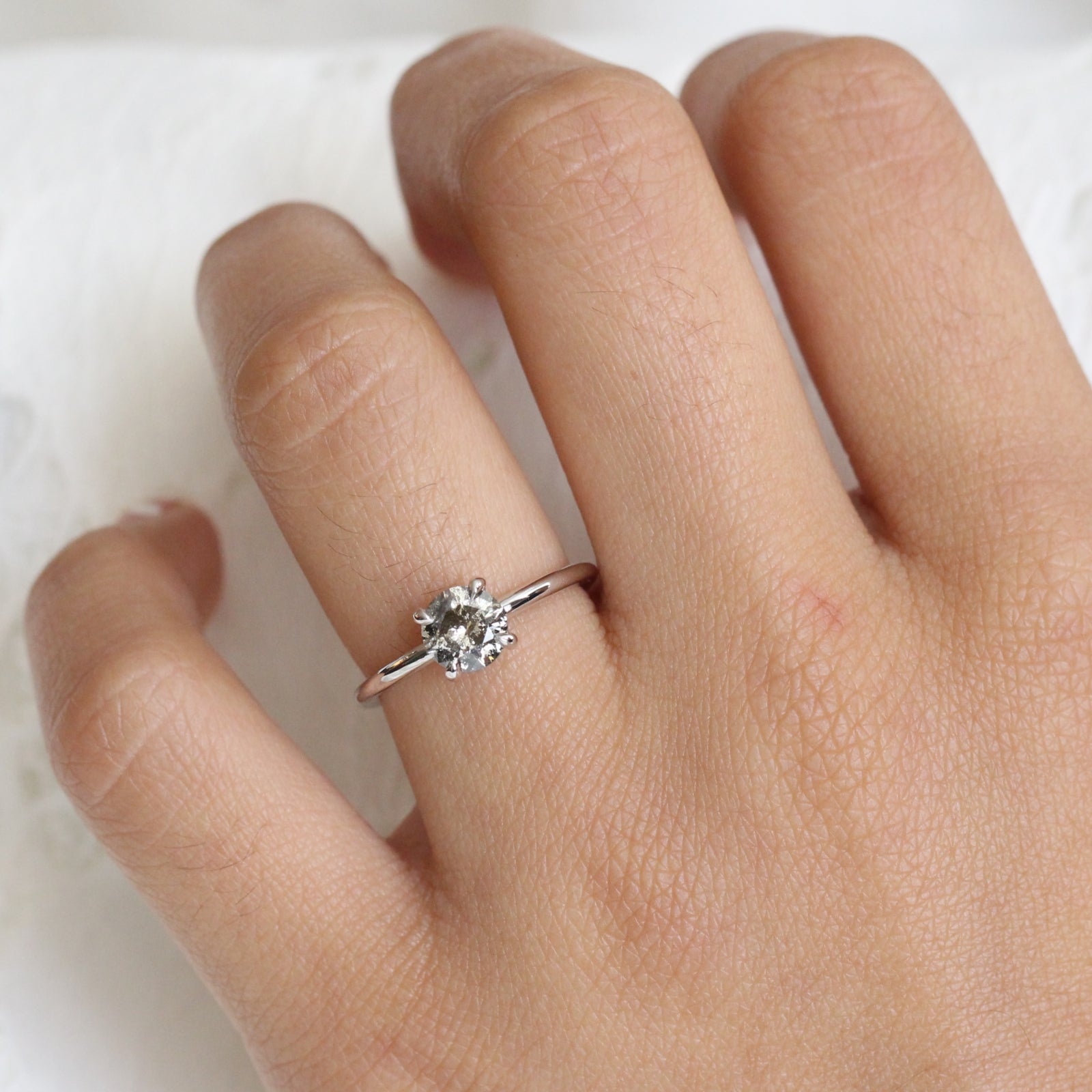 Salt and Pepper Grey Diamond Engagement Ring in White Gold Low Profile Solitaire Ring by La More Design Jewelry