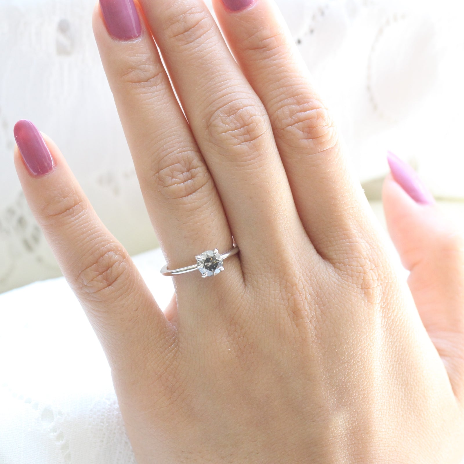 Salt and Pepper Grey Diamond Engagement Ring in White Gold Low Profile Solitaire Ring by La More Design Jewelry