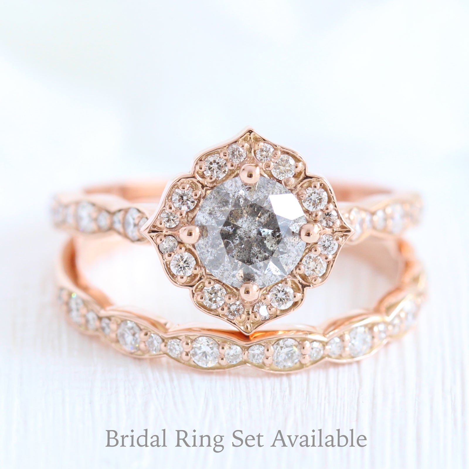 Salt and pepper grey diamond engagement ring in rose gold vintage floral diamond band by la more design jewelry