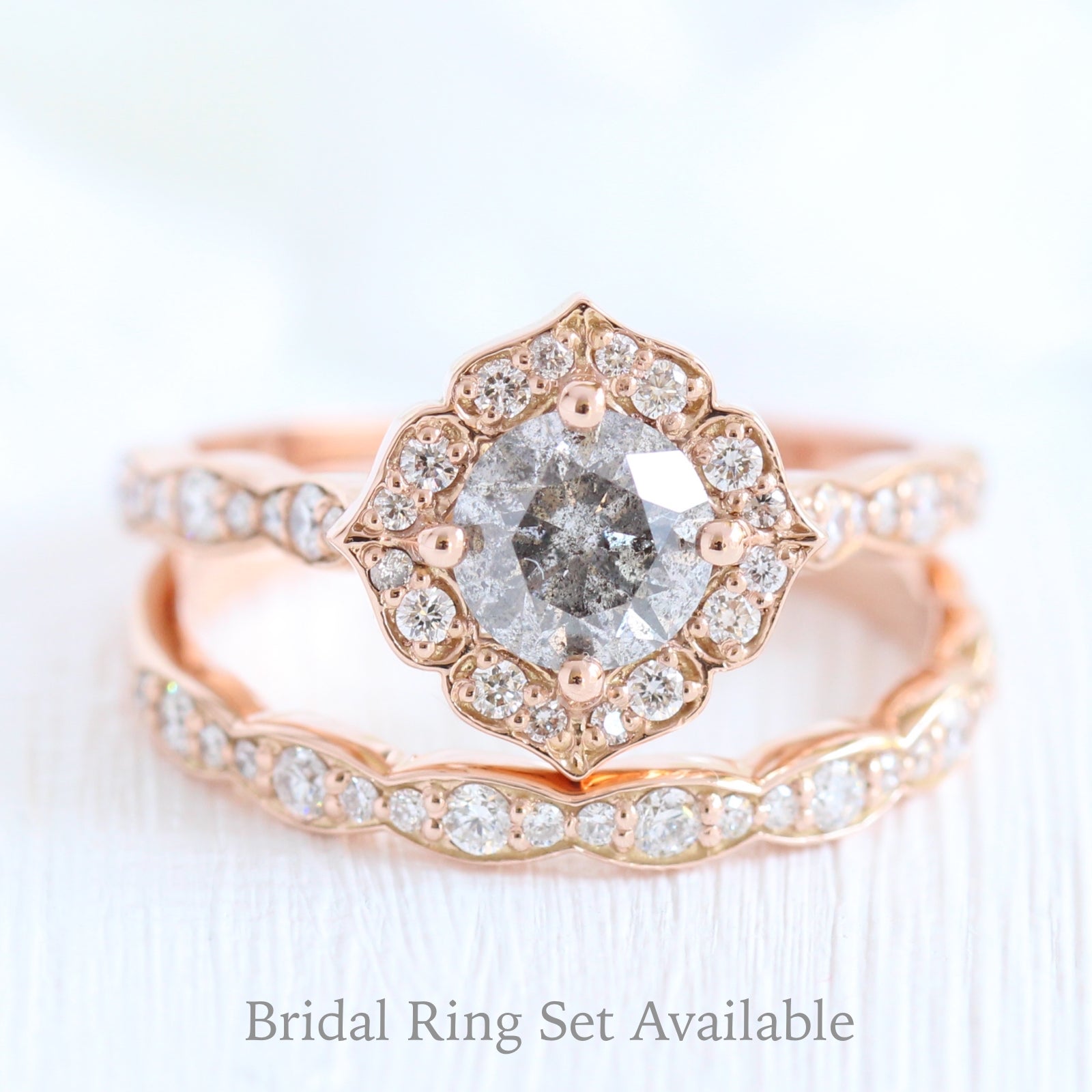 Salt and pepper grey diamond engagement ring in rose gold vintage floral diamond band by la more design jewelry