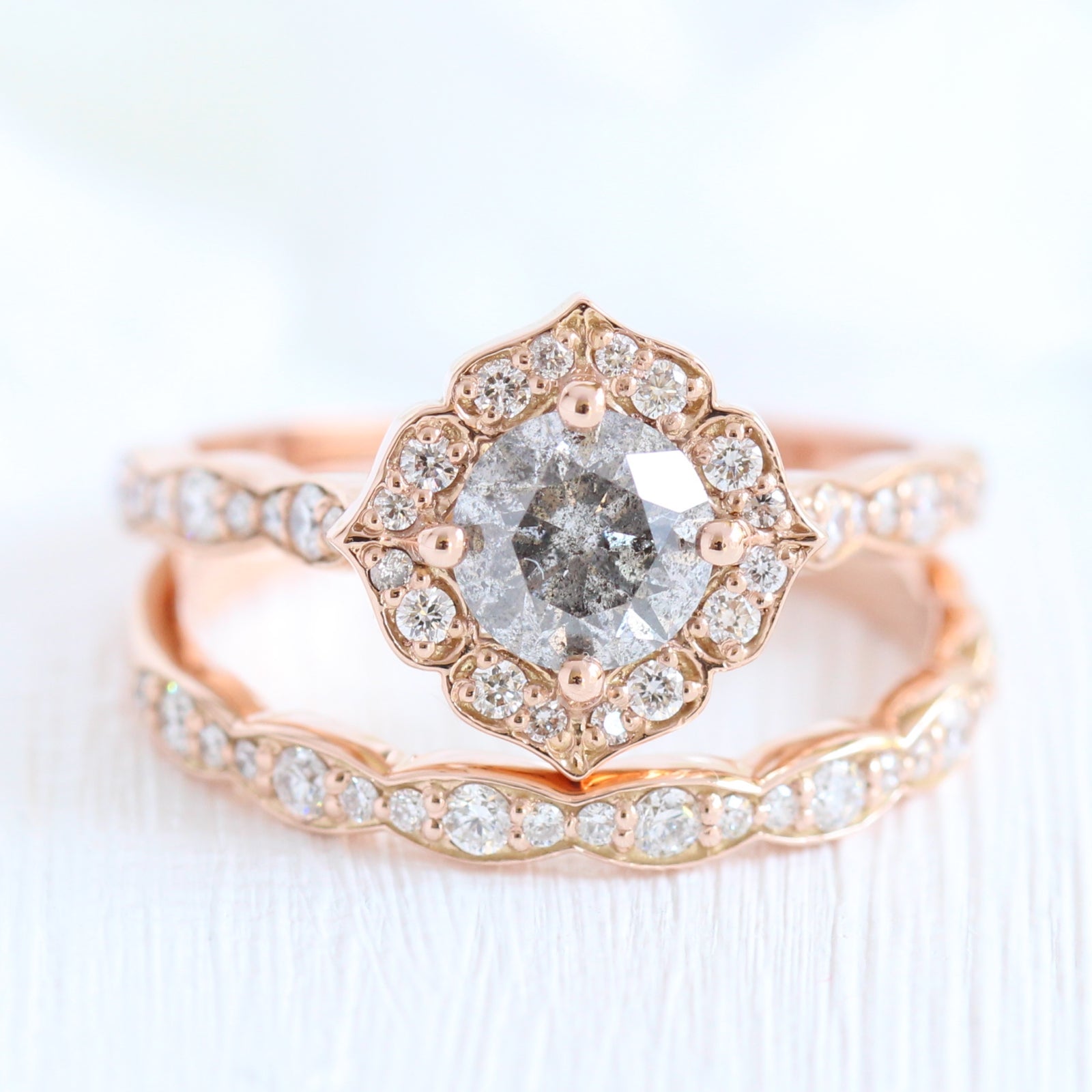 Salt and Pepper Diamond Engagement Ring Rose Gold Cluster Bridal Set ...