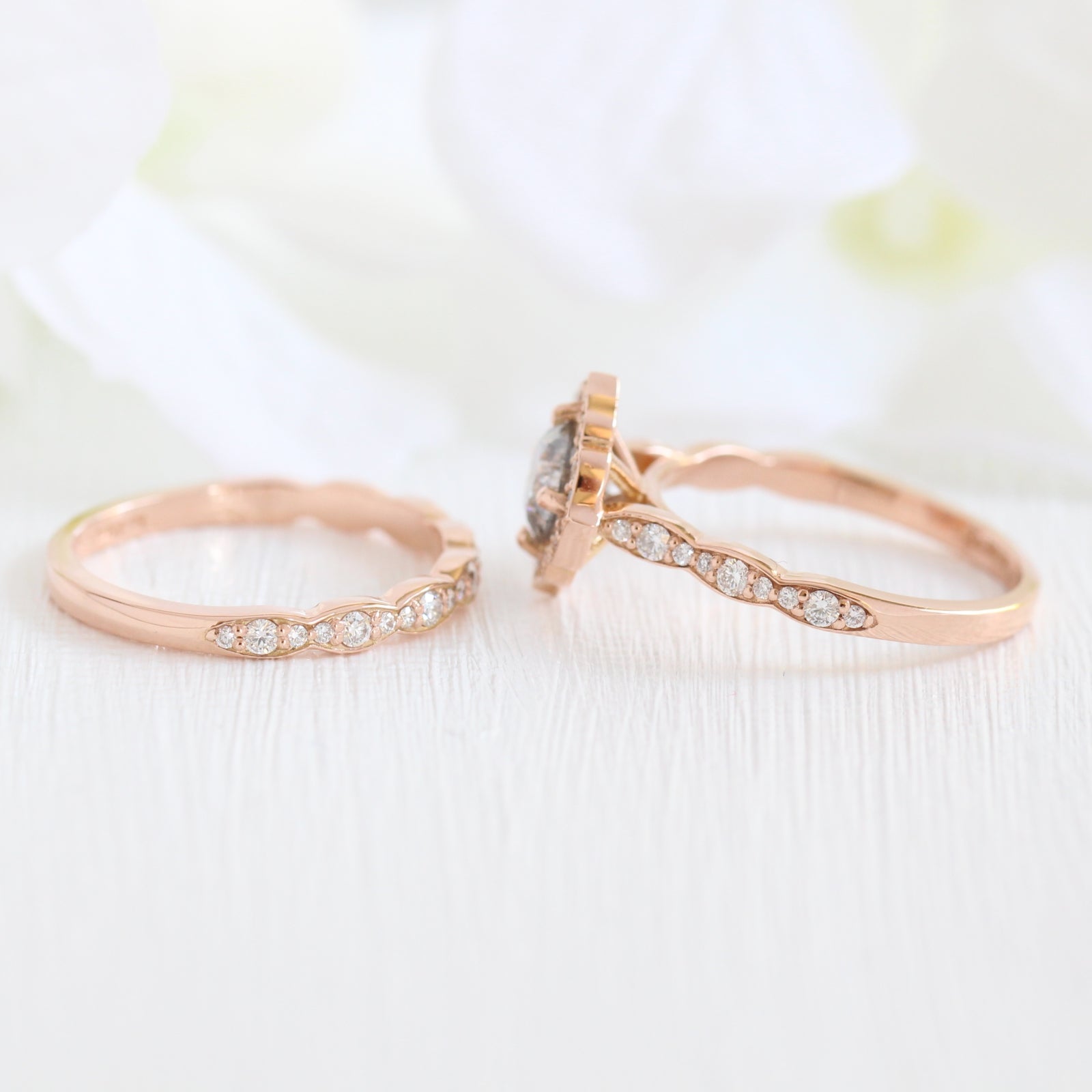 Salt and pepper grey diamond engagement ring rose gold and matching diamond wedding band bridal set by la more design jewelry