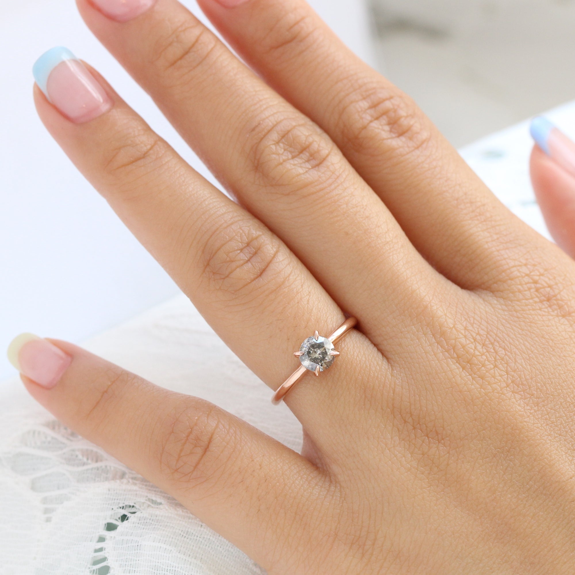 Salt and Pepper Diamond Engagement Ring Rose Gold Solitaire Grey Diamond Ring La More Design Jewelry