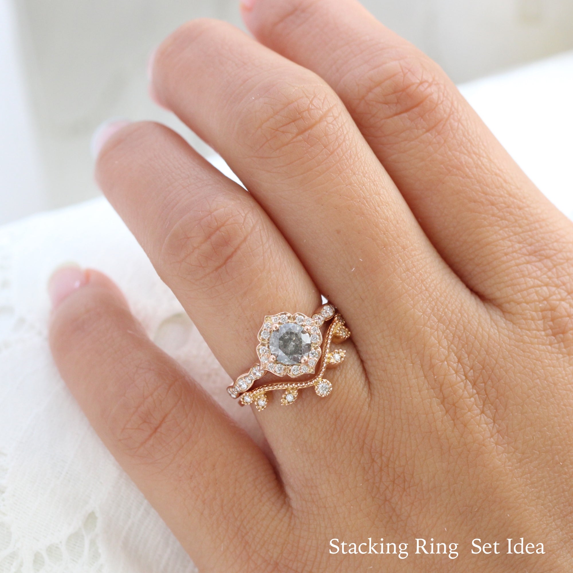 Natural Salt and Pepper Diamond Ring w/ Diamond in Mini Vintage Floral Ring