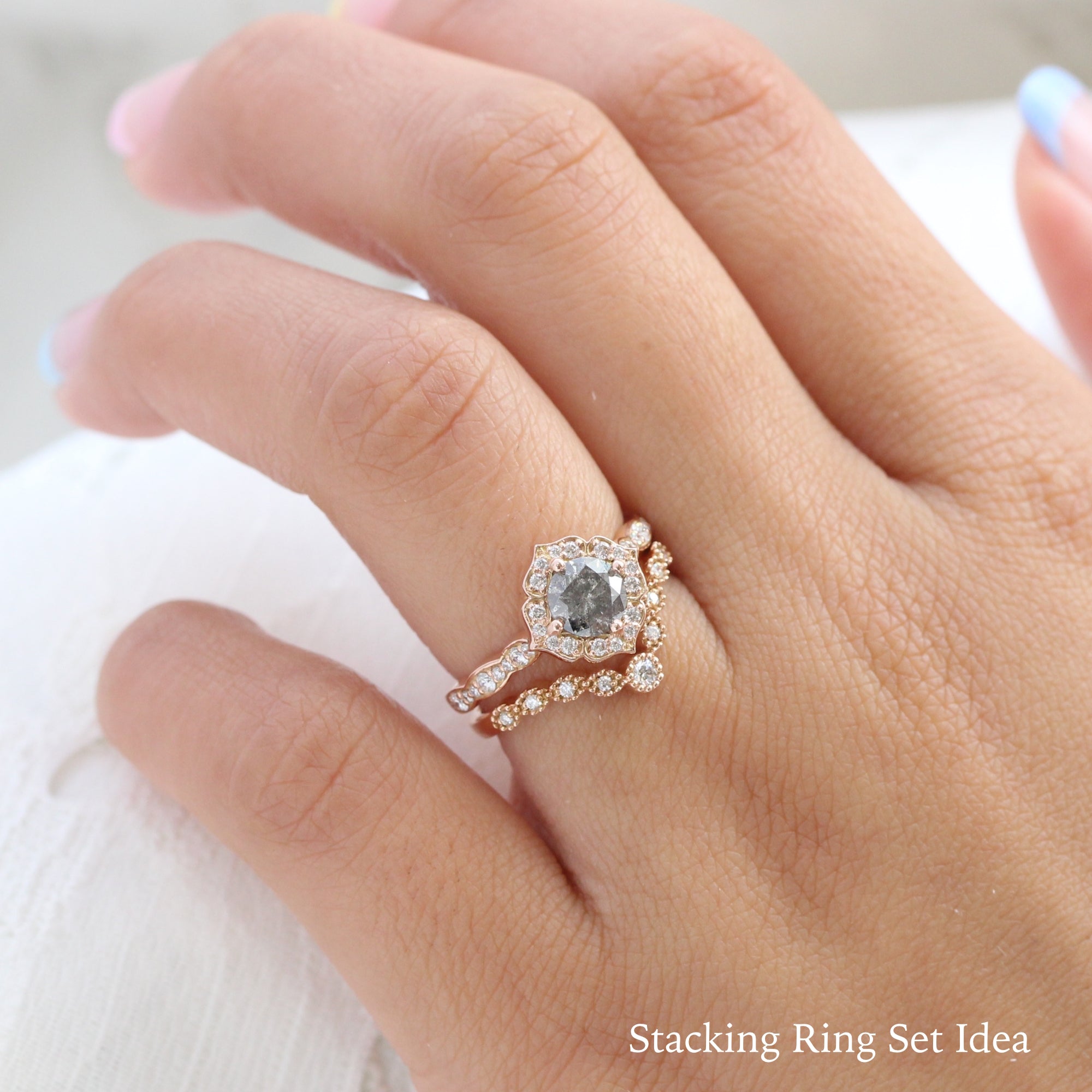 Natural Salt and Pepper Diamond Ring w/ Diamond in Mini Vintage Floral Ring