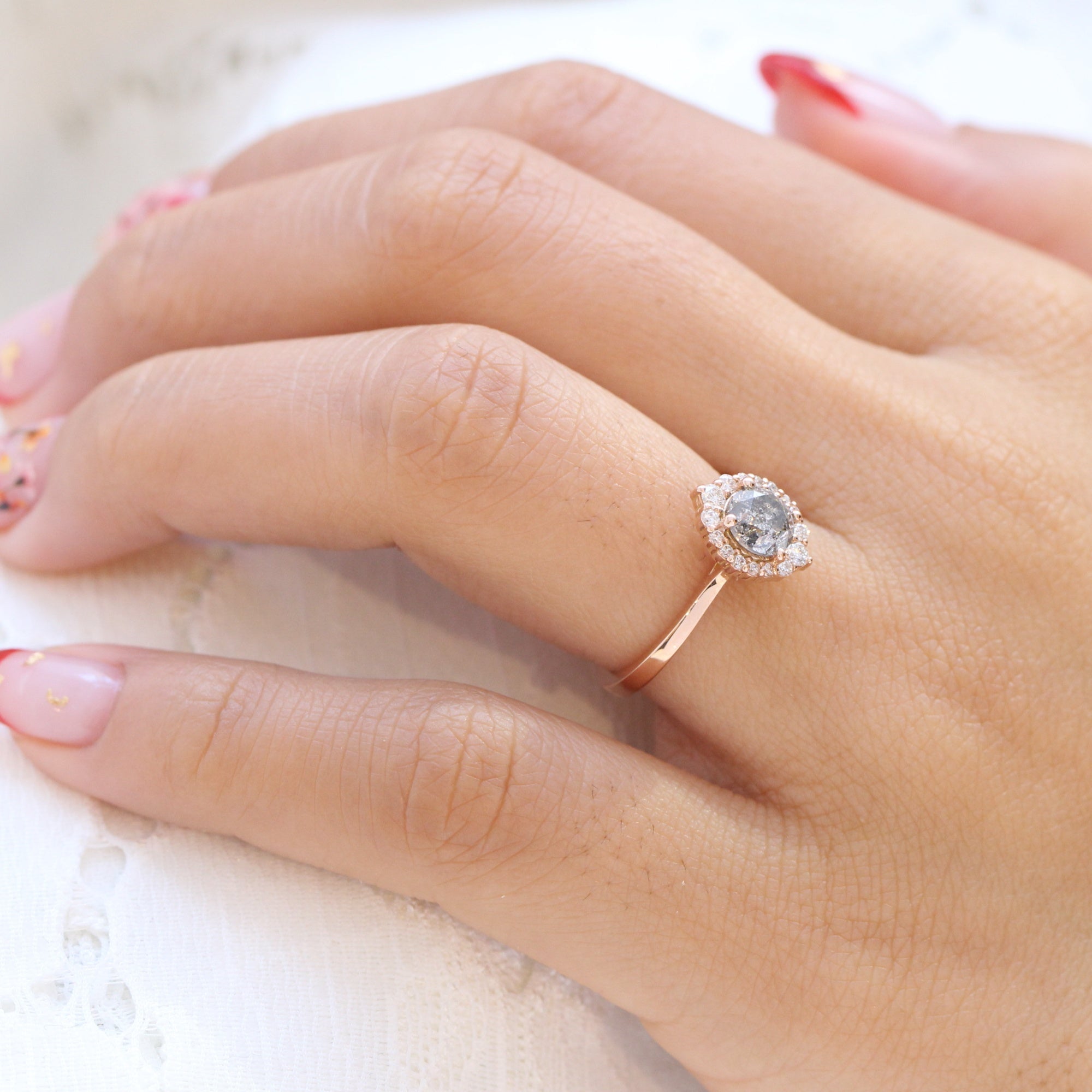 Salt and pepper diamond engagement ring rose gold grey diamond halo ring la more design jewelry