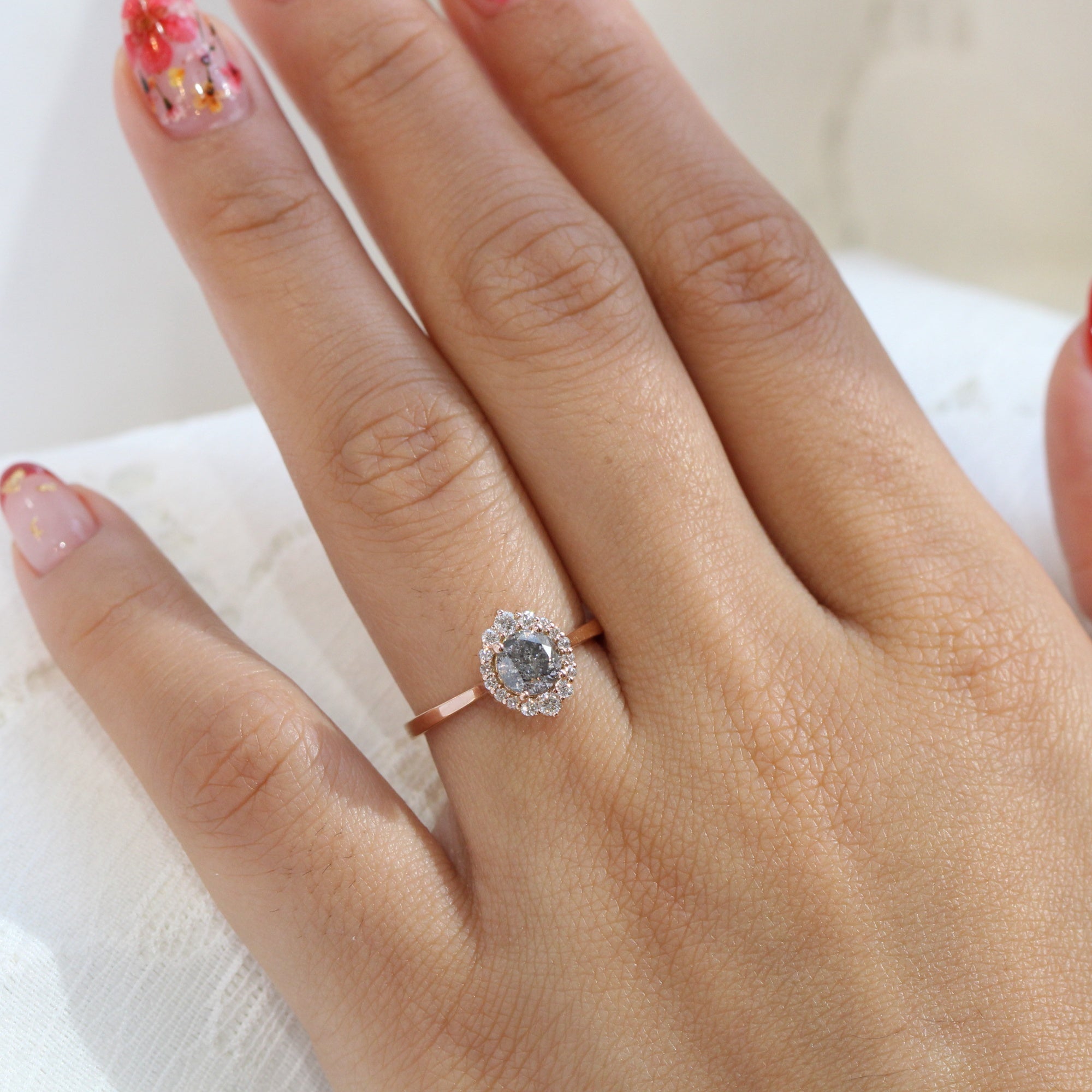 Salt and pepper diamond engagement ring rose gold grey diamond halo ring la more design jewelry