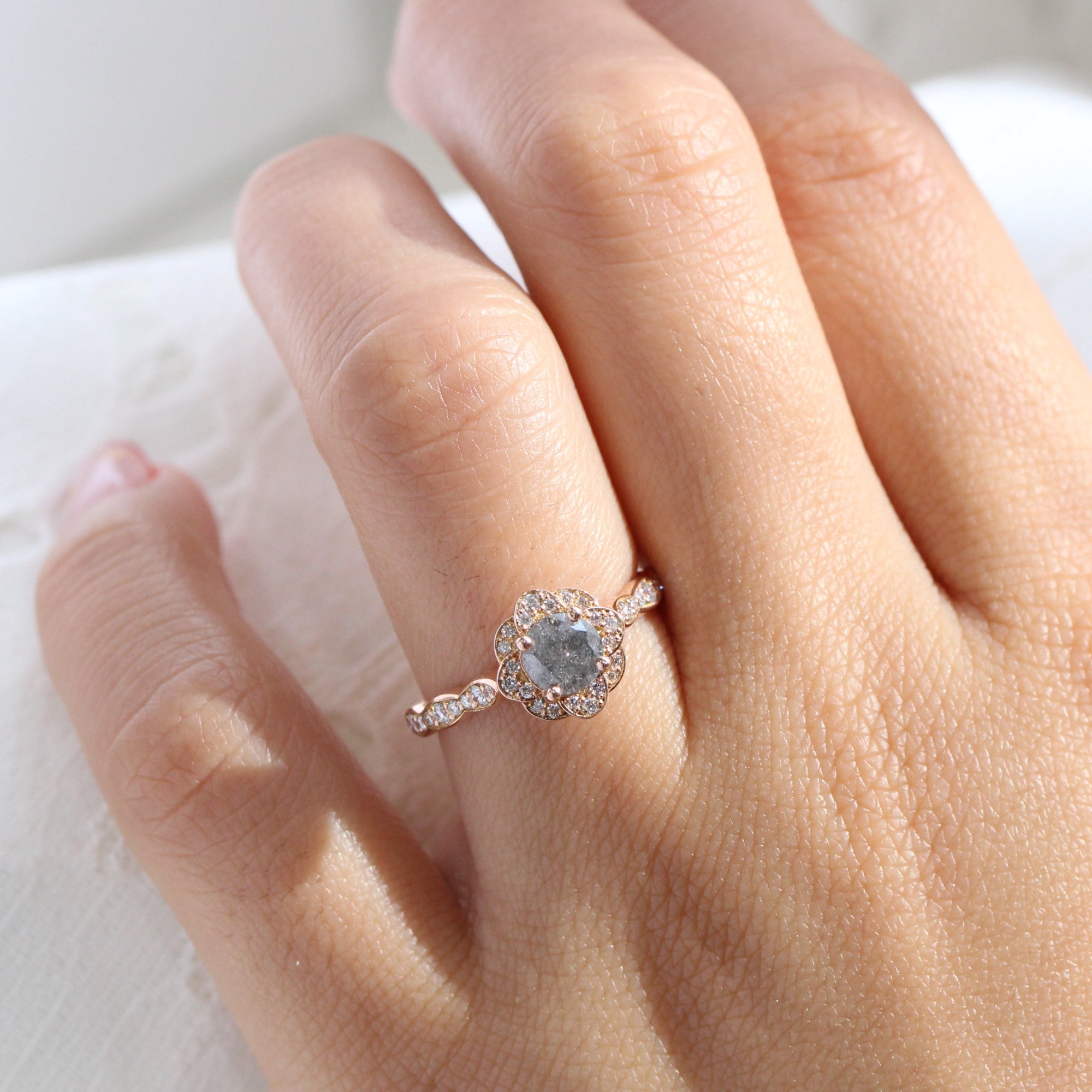 Salt and pepper diamond engagement ring rose gold grey diamond ring la more design jewelry