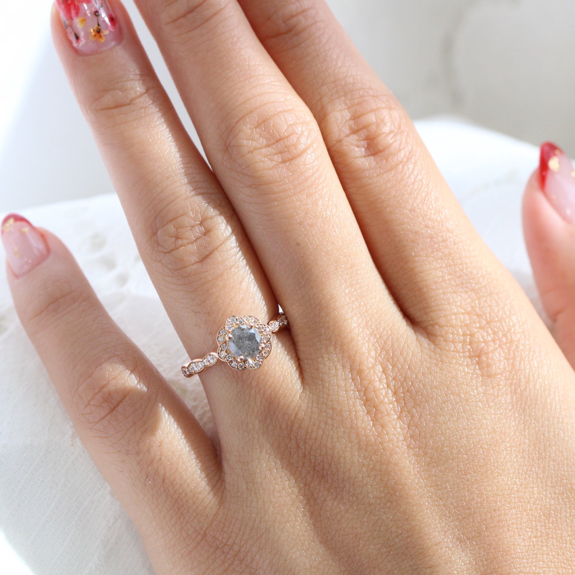 Salt and pepper diamond engagement ring rose gold grey diamond ring la more design jewelry