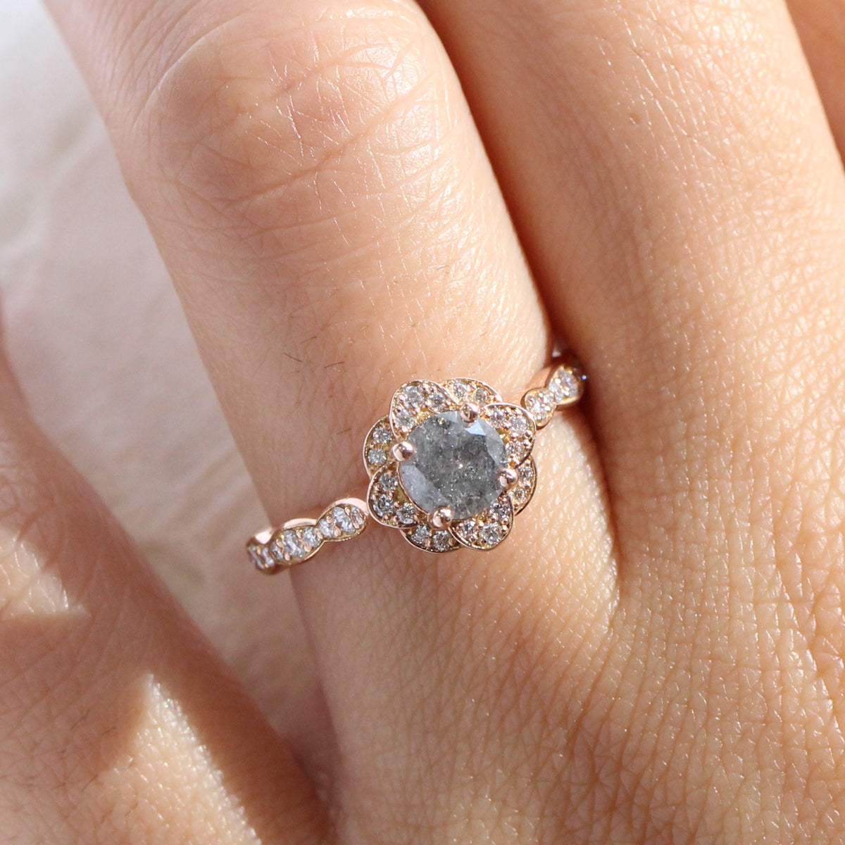 Salt and pepper diamond engagement ring rose gold grey diamond ring la more design jewelry