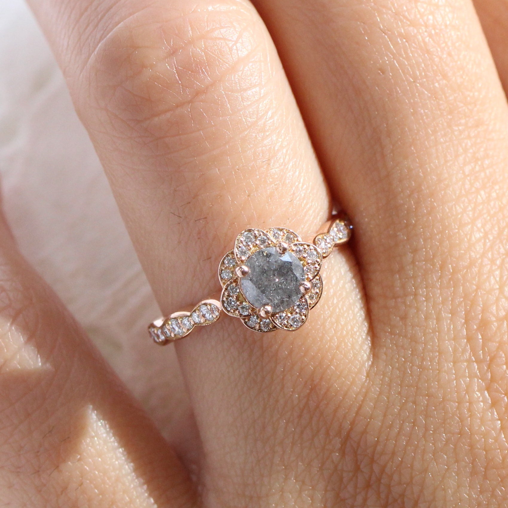 Salt and pepper diamond engagement ring rose gold grey diamond ring la more design jewelry