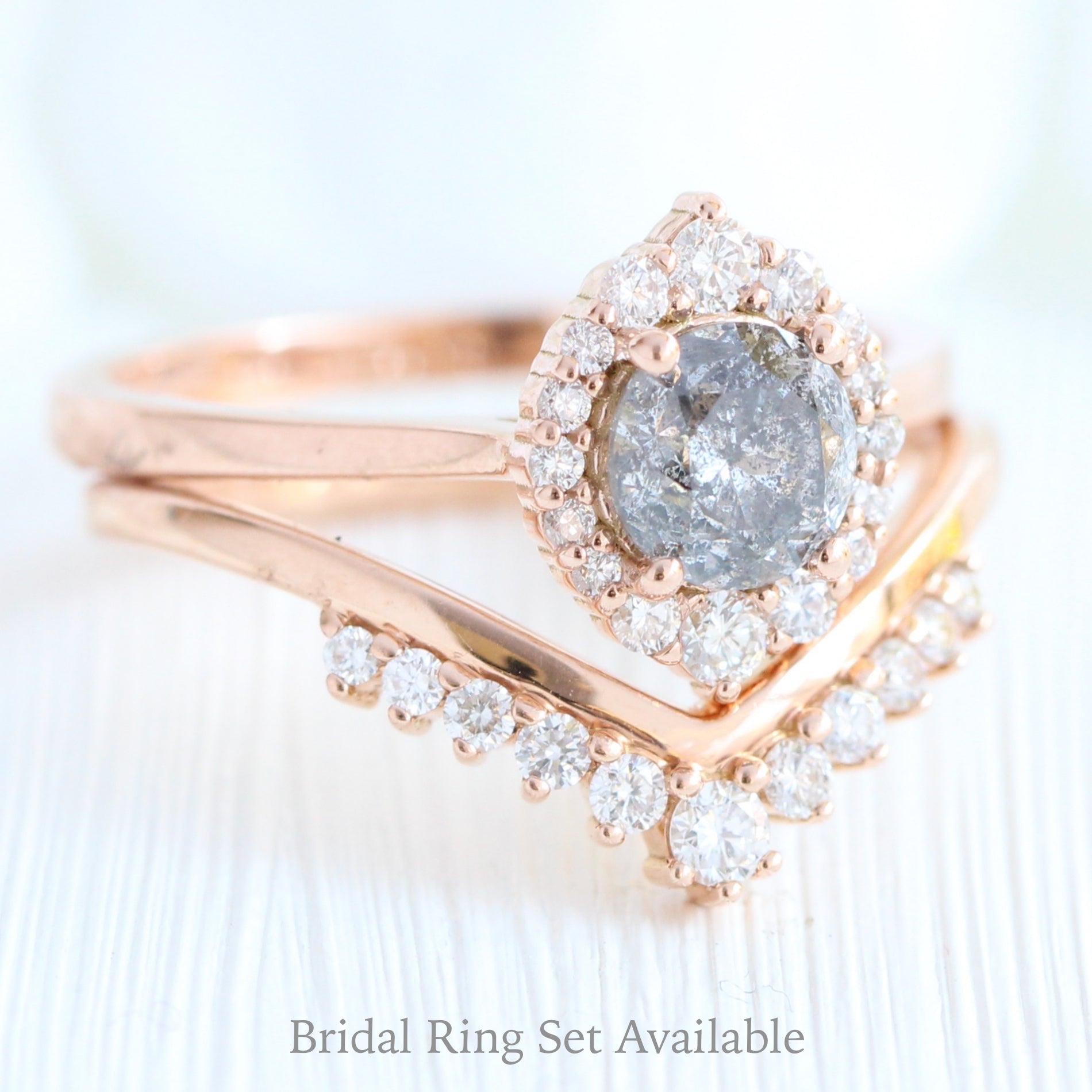 Salt and pepper diamond ring rose gold and deep curved diamond wedding band halo diamond bridal set by la more design jewelry