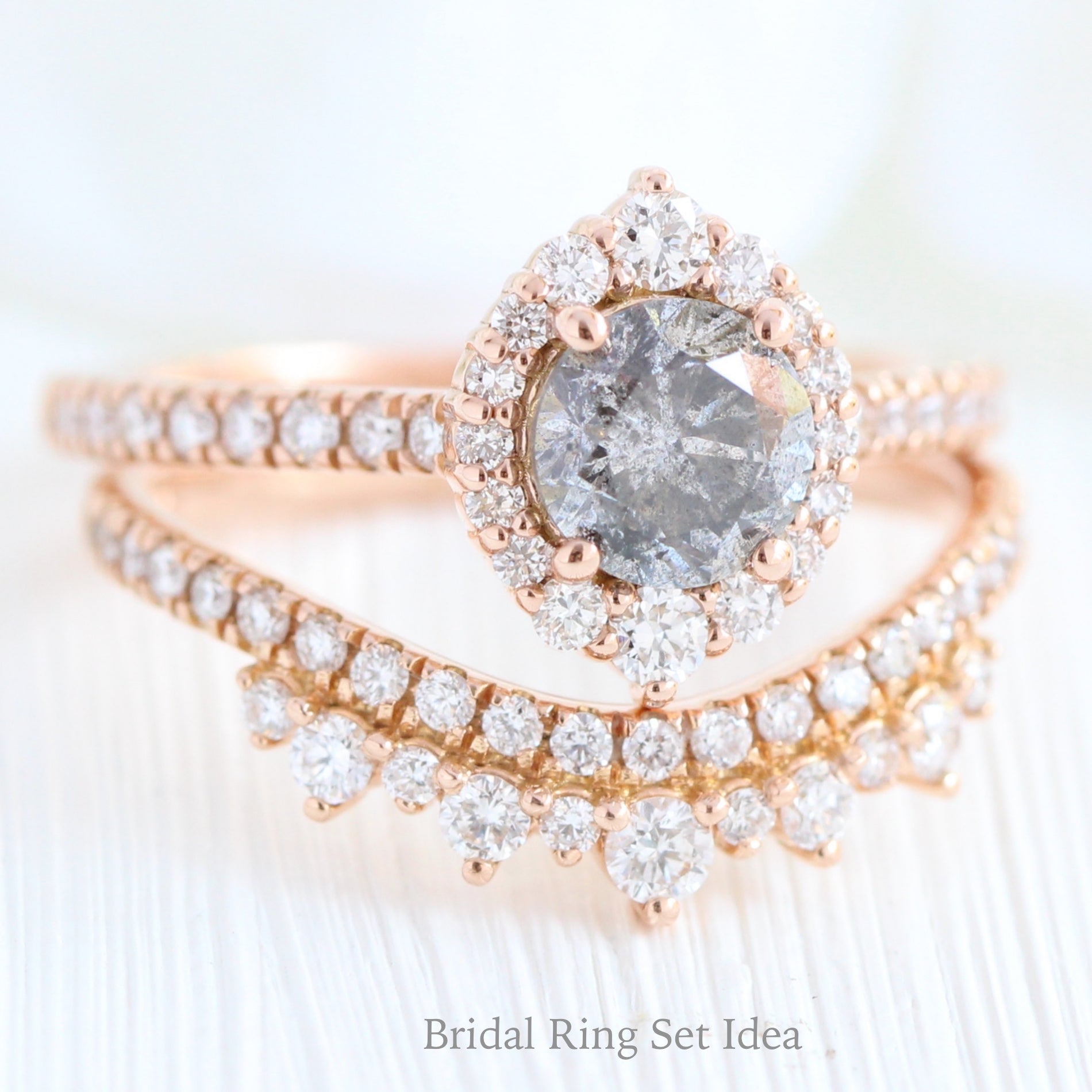 Salt and pepper diamond ring rose gold halo ring bridal set la more design jewelry