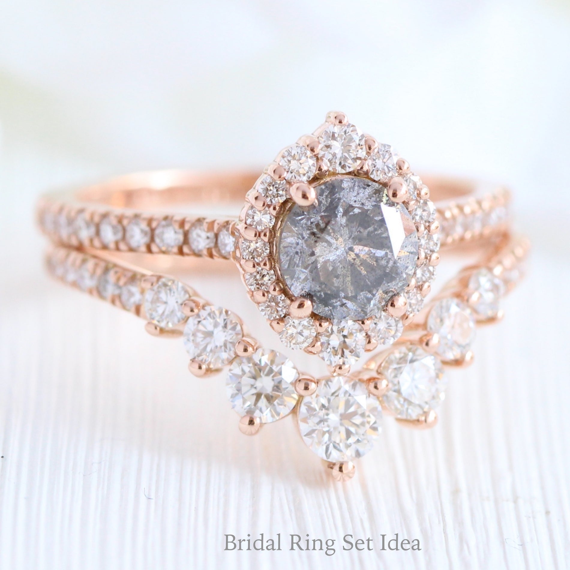 Salt and pepper diamond ring rose gold halo ring bridal set la more design jewelry