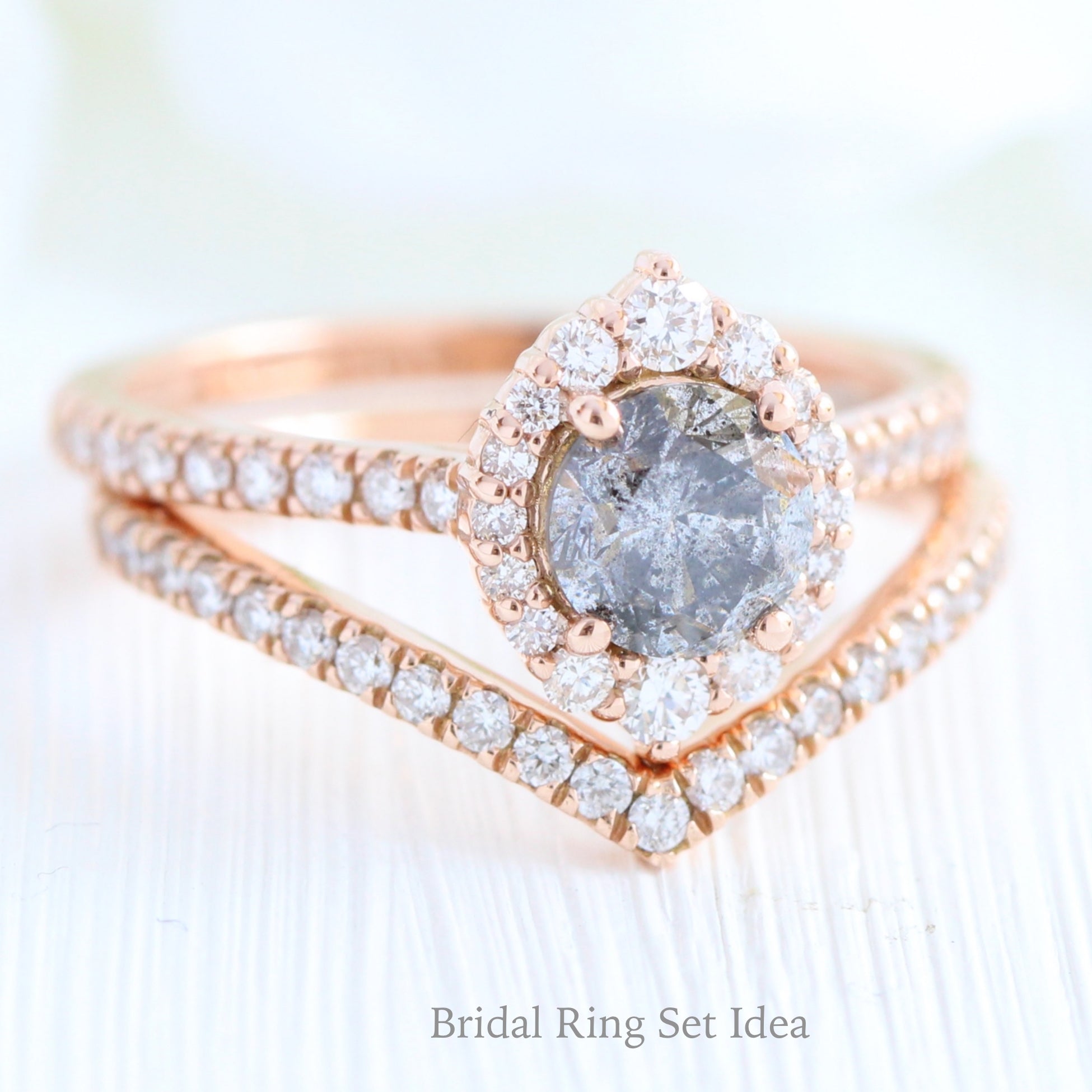 Salt and pepper diamond ring rose gold halo ring bridal set la more design jewelry