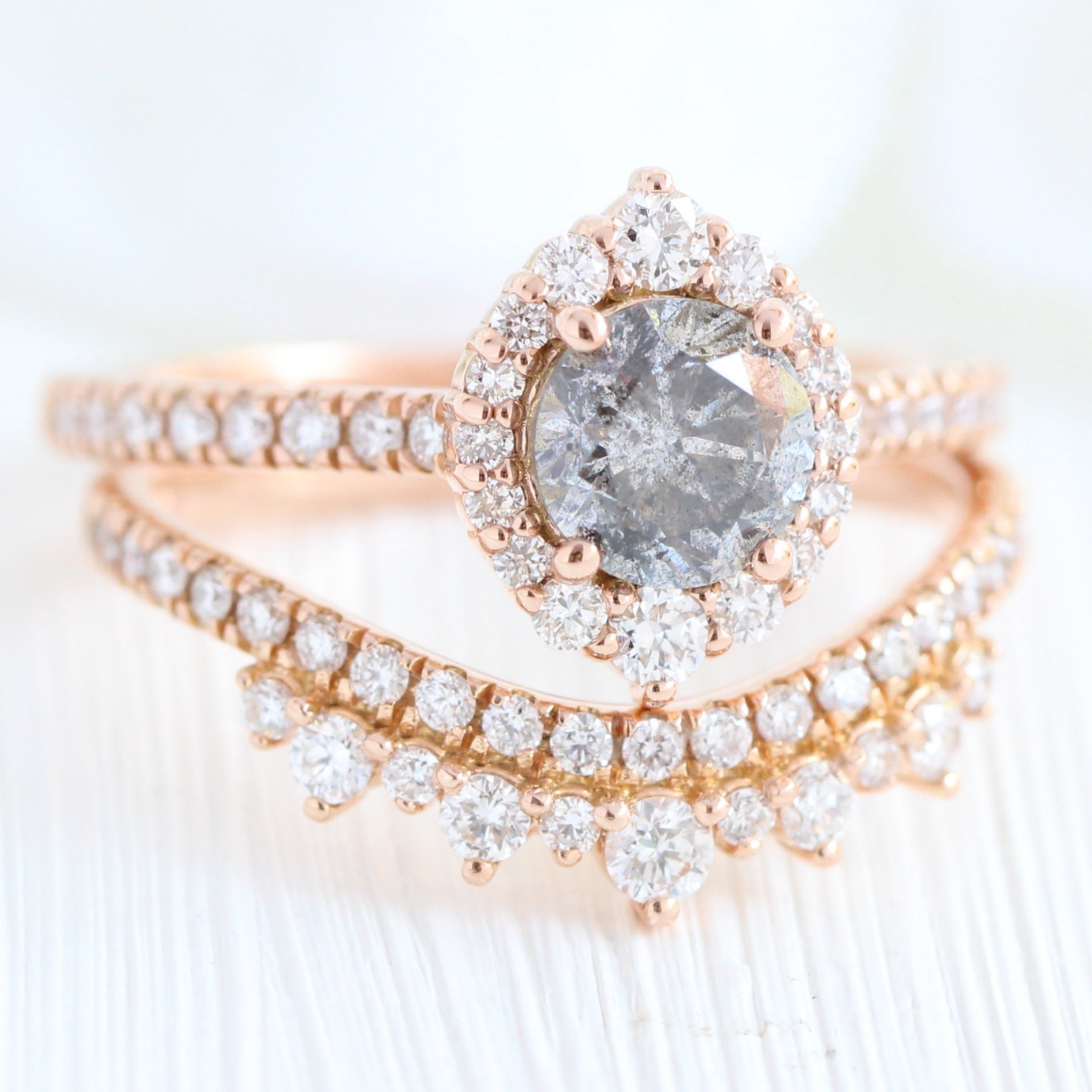 Salt and pepper diamond ring rose gold halo ring bridal set la more design jewelry