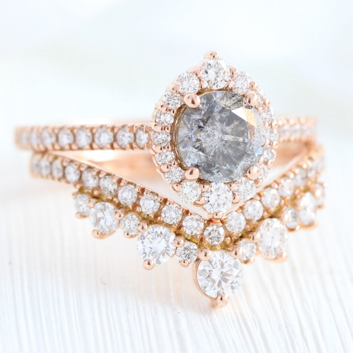 Salt and pepper diamond ring rose gold halo ring bridal set la more design jewelry