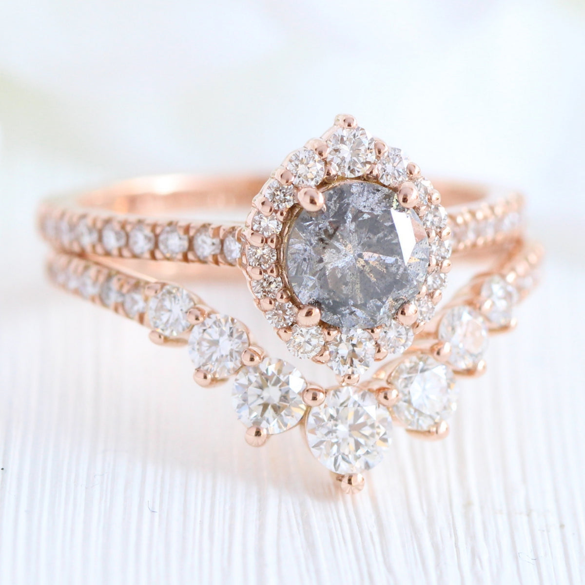 Salt and pepper diamond ring rose gold halo ring bridal set la more design jewelry