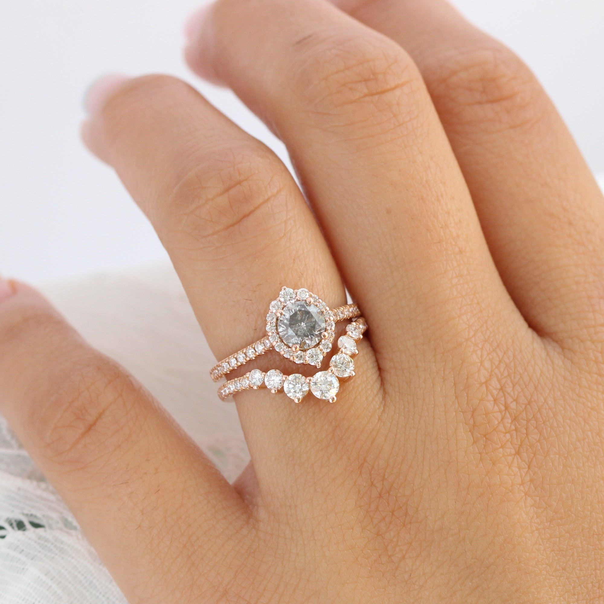 Salt and pepper diamond ring rose gold halo ring bridal set la more design jewelry