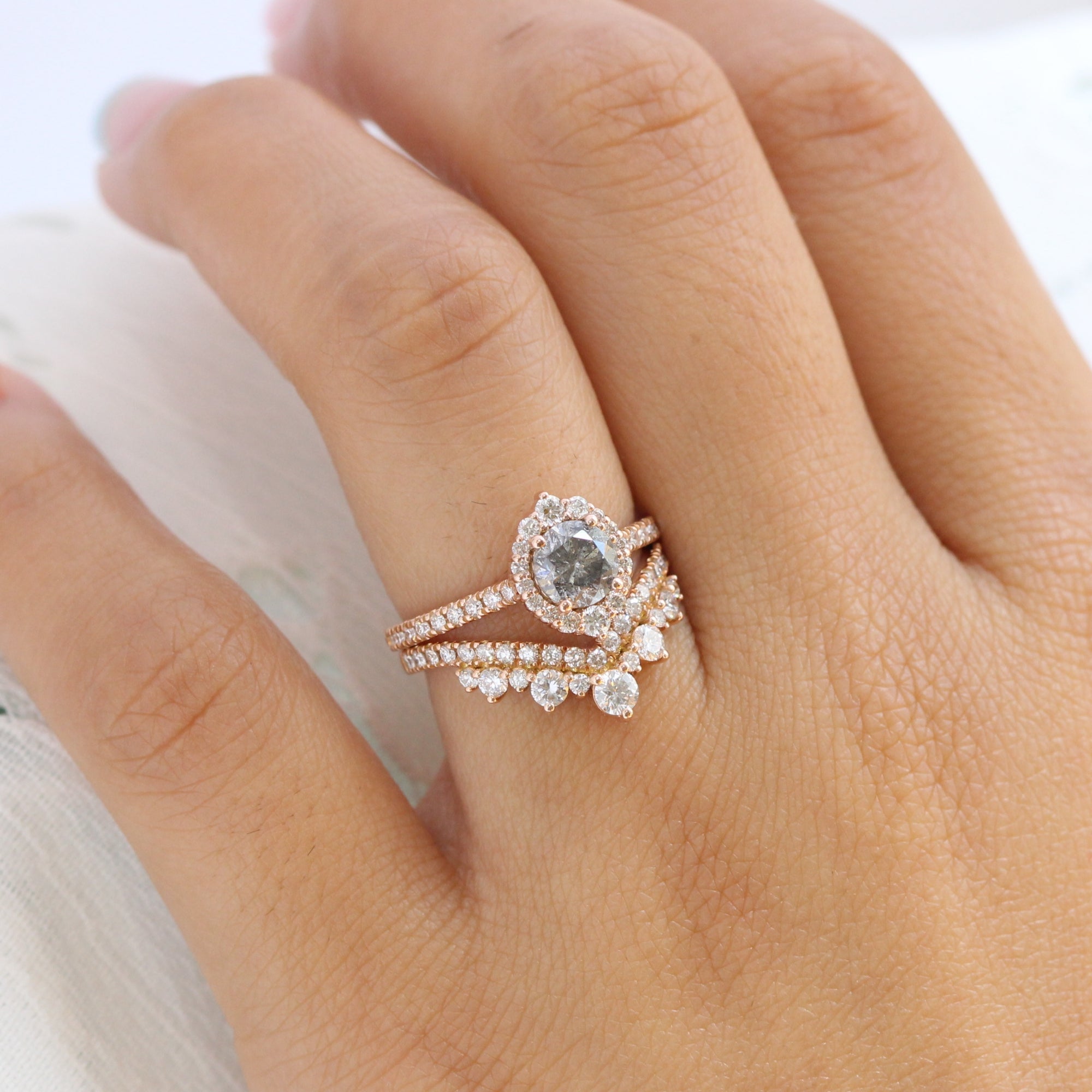 Salt and pepper diamond ring rose gold halo ring bridal set la more design jewelry