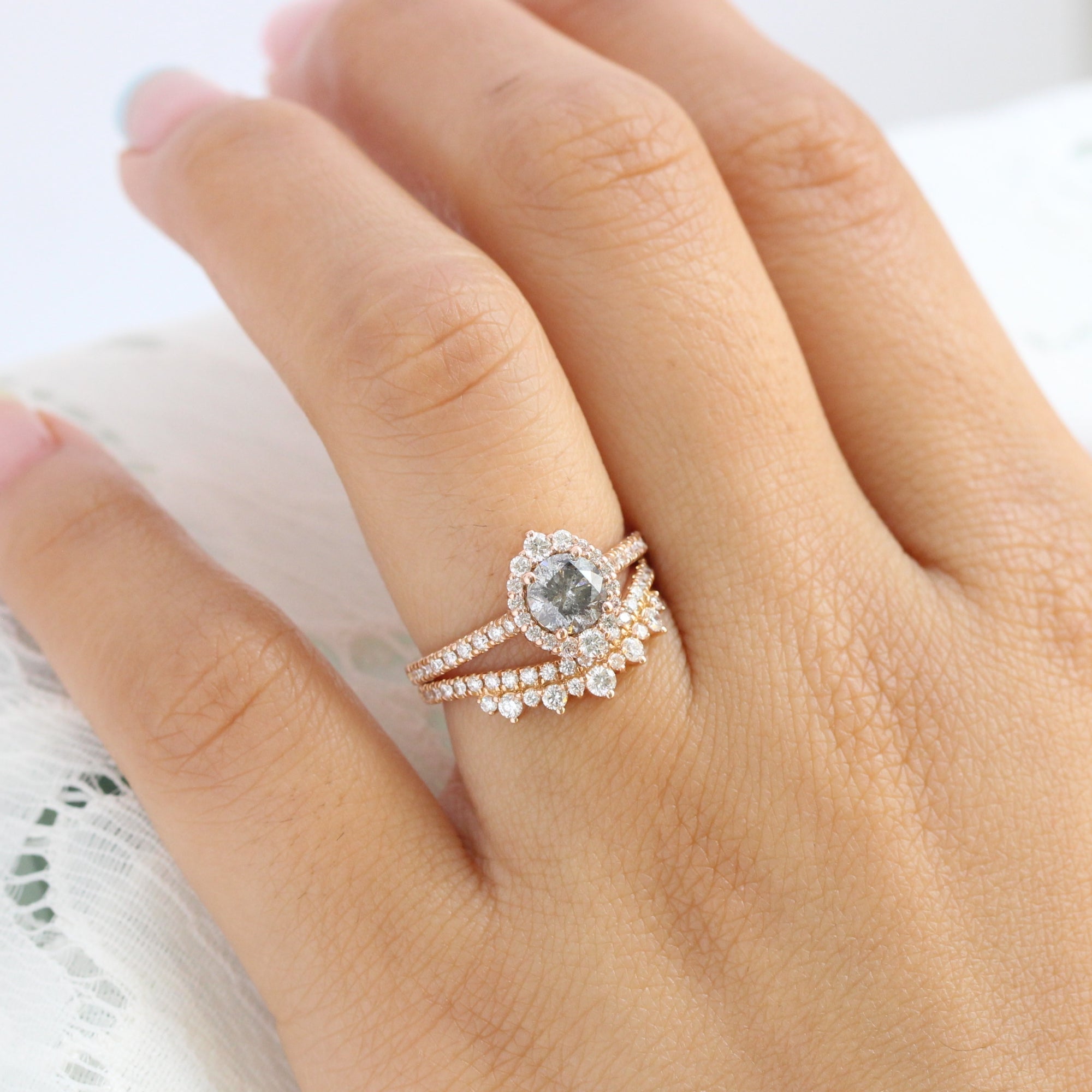 Salt and pepper diamond ring rose gold halo ring bridal set la more design jewelry