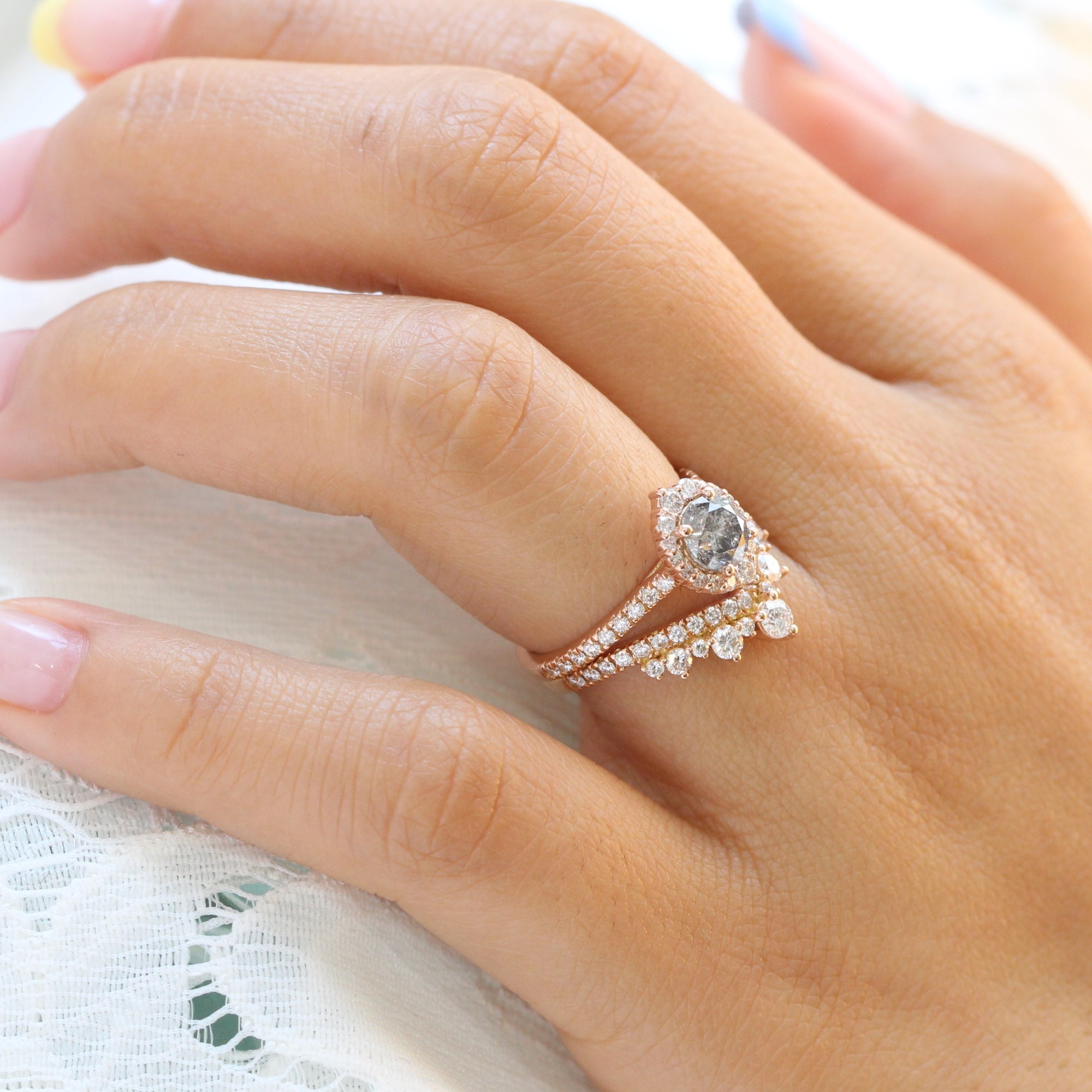 Salt and pepper diamond ring rose gold halo ring bridal set la more design jewelry