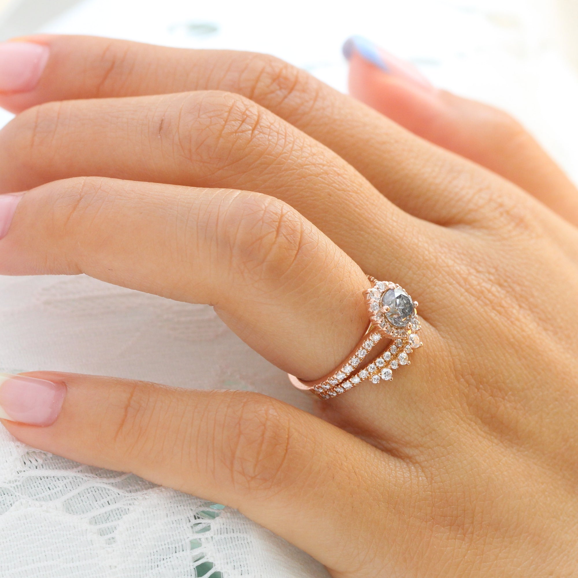 Salt and pepper diamond ring rose gold halo ring bridal set la more design jewelry