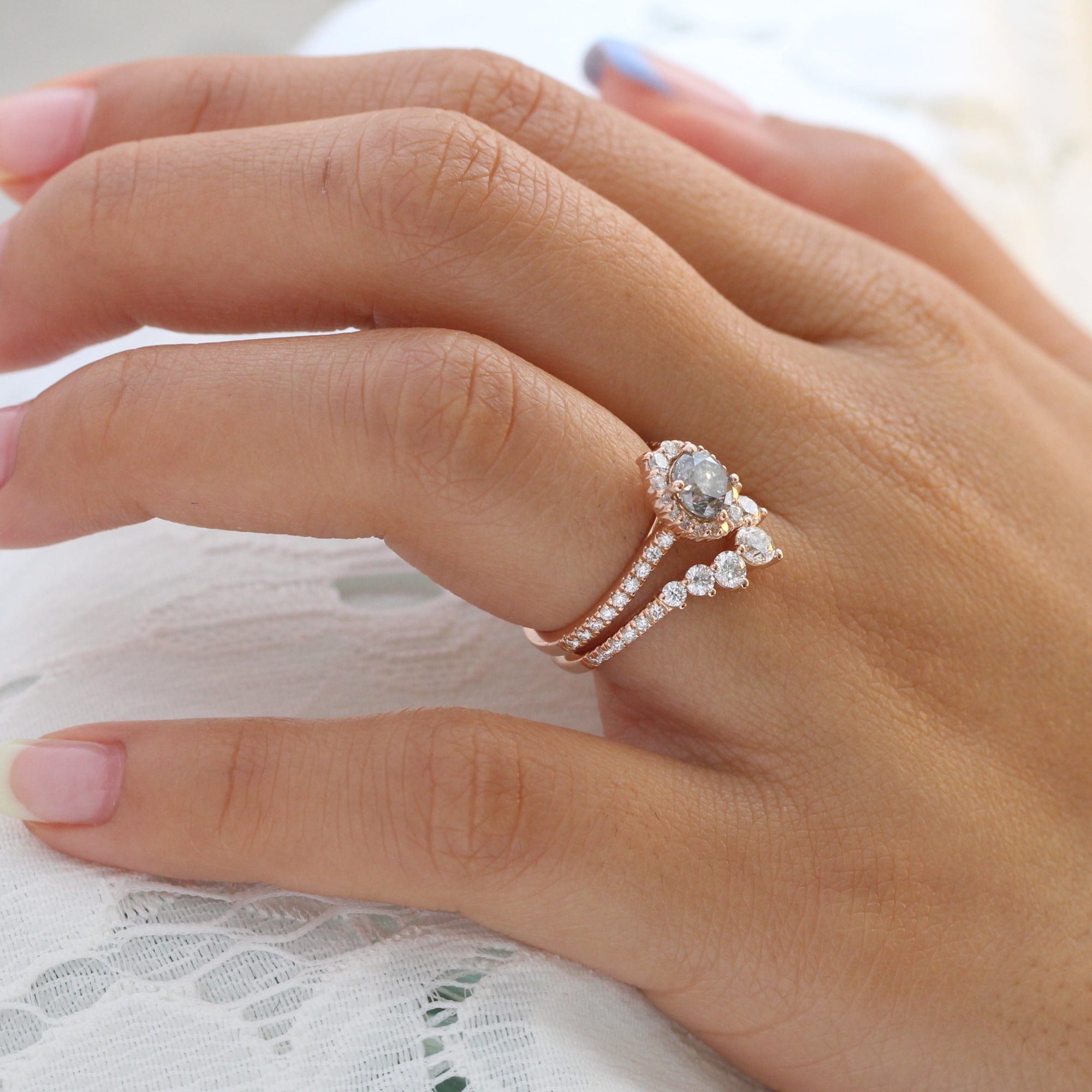 Salt and pepper diamond ring rose gold halo ring bridal set la more design jewelry