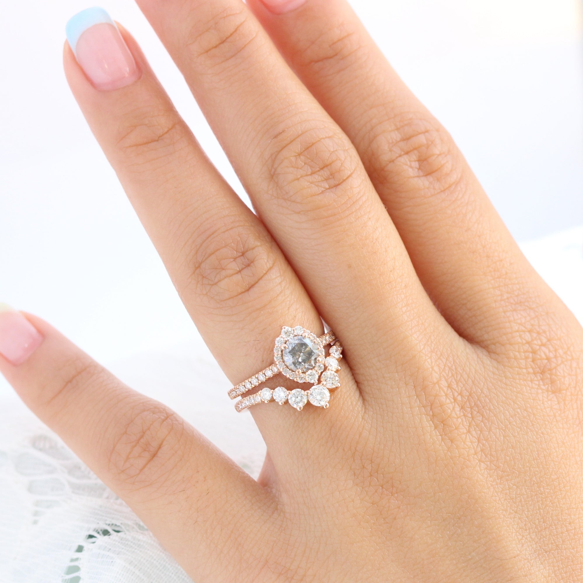 Salt and pepper diamond ring rose gold halo ring bridal set la more design jewelry