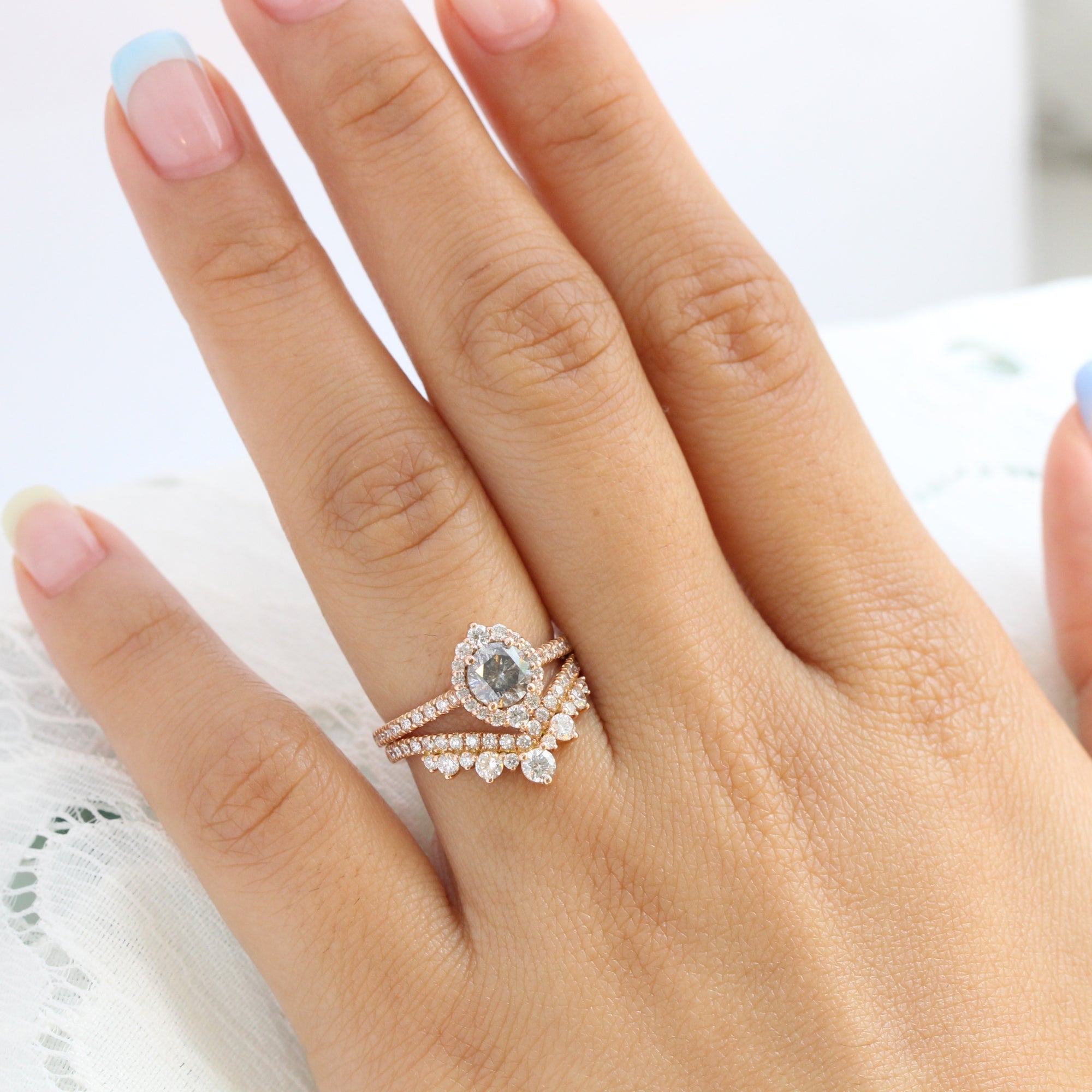 Salt and pepper diamond ring rose gold halo ring bridal set la more design jewelry
