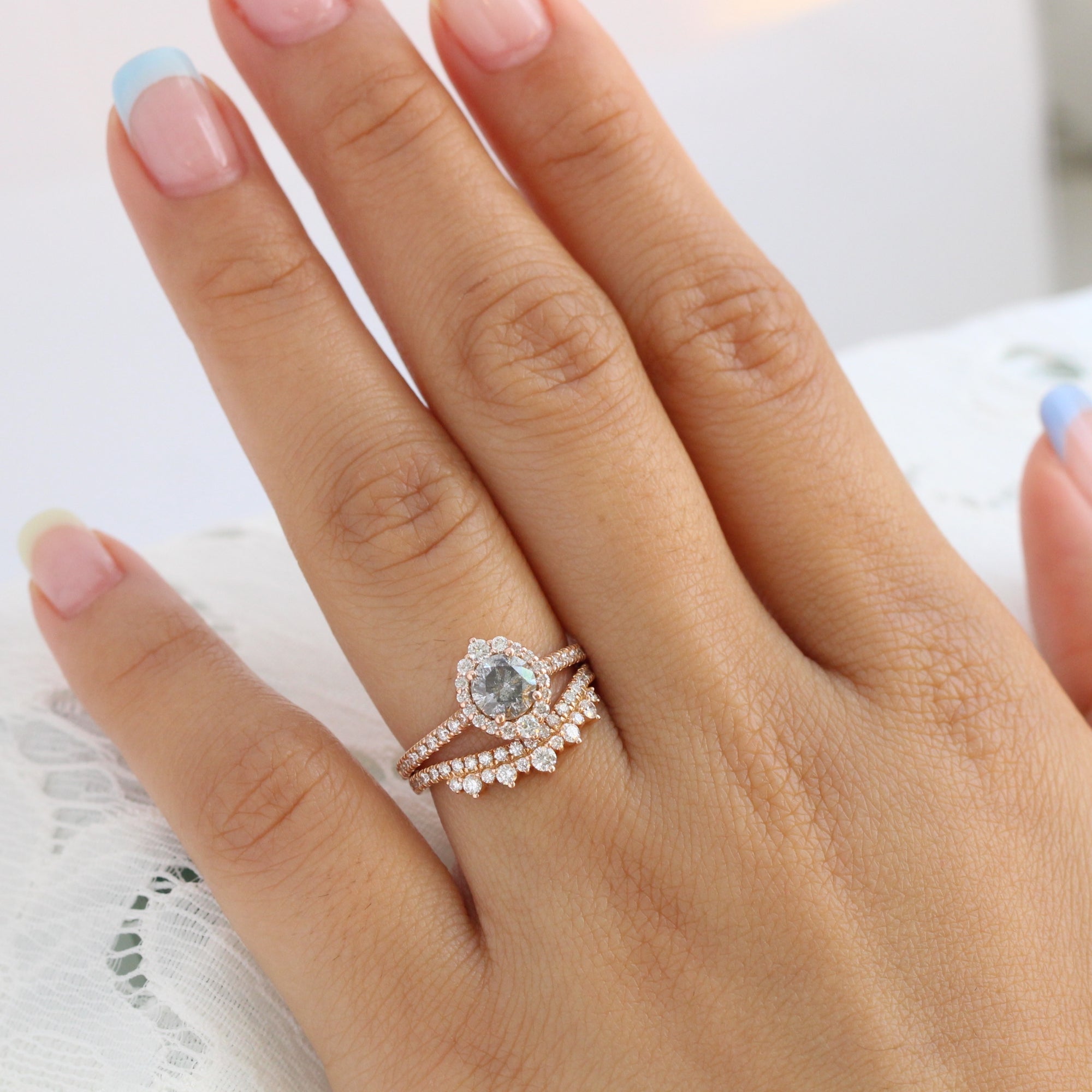 Salt and pepper diamond ring rose gold halo ring bridal set la more design jewelry