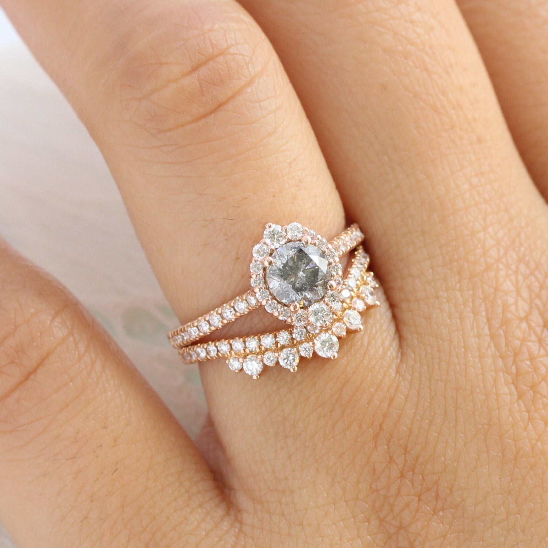 Salt and pepper diamond ring rose gold halo ring bridal set la more design jewelry