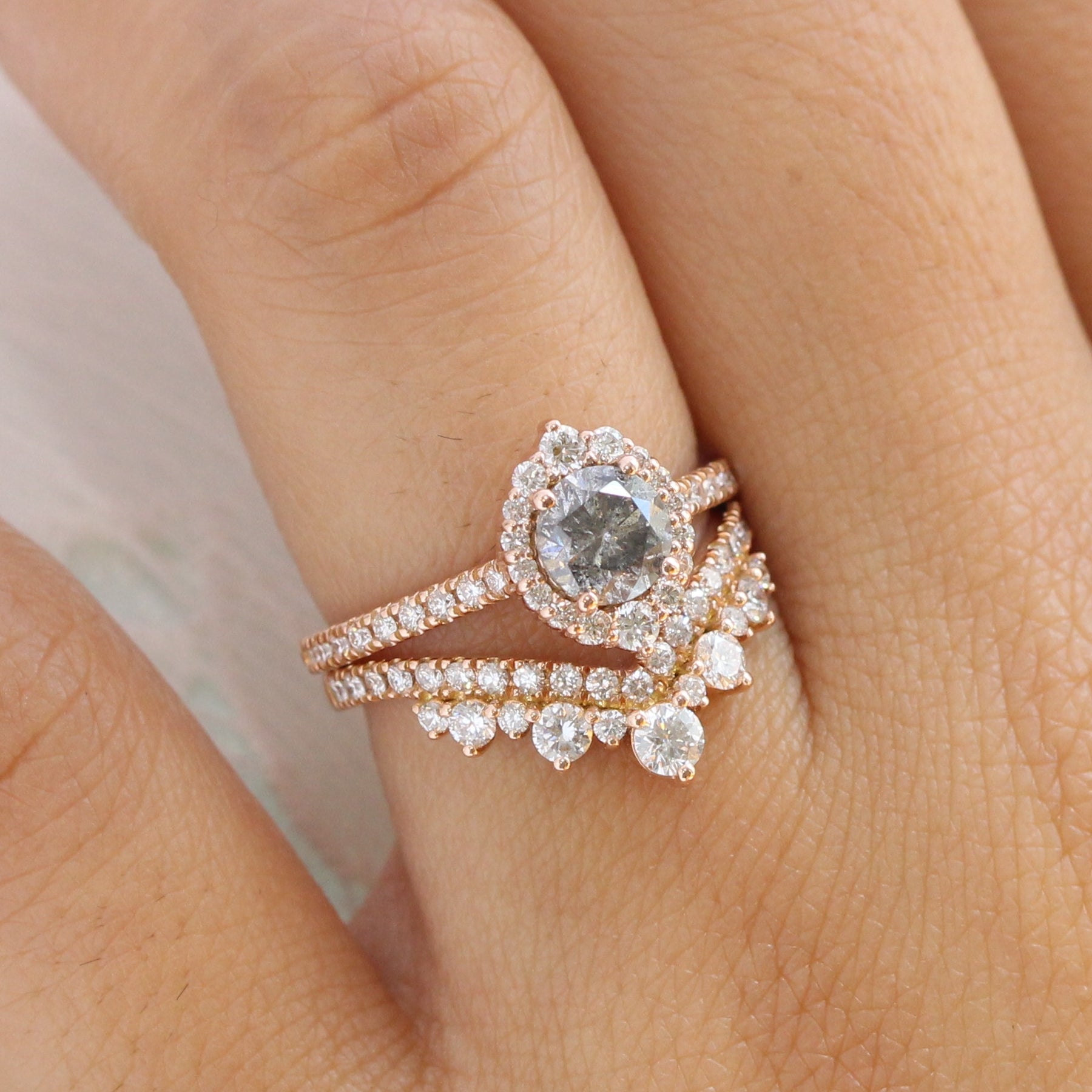 Salt and pepper diamond ring rose gold halo ring bridal set la more design jewelry