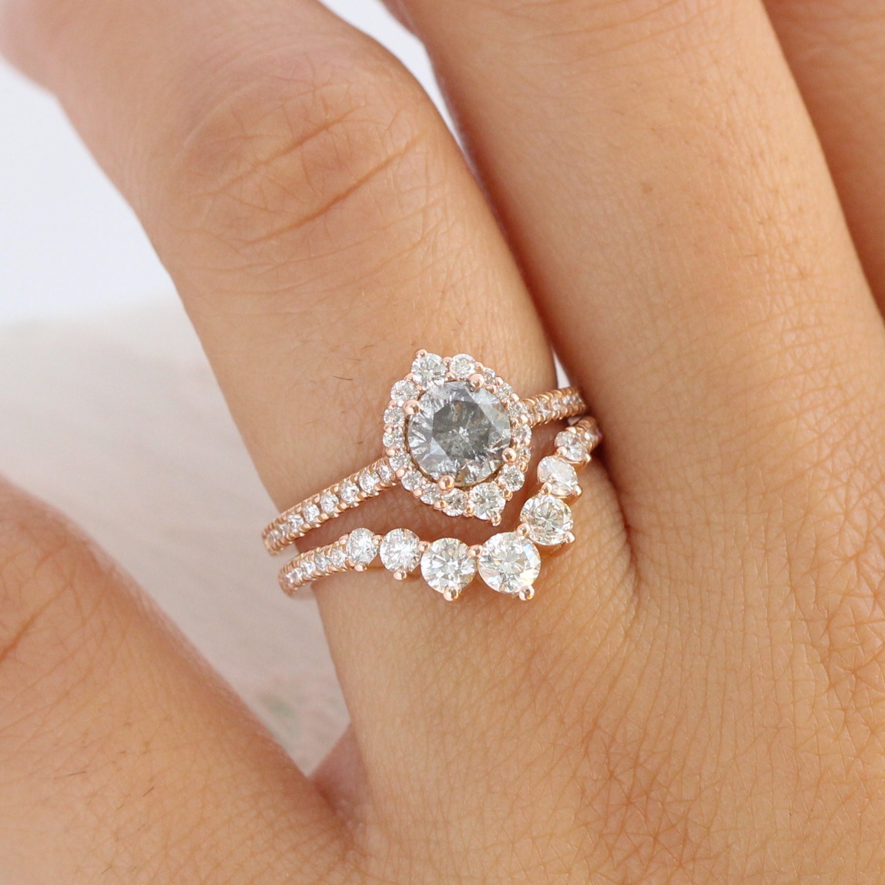 Salt and pepper diamond ring rose gold halo ring bridal set la more design jewelry
